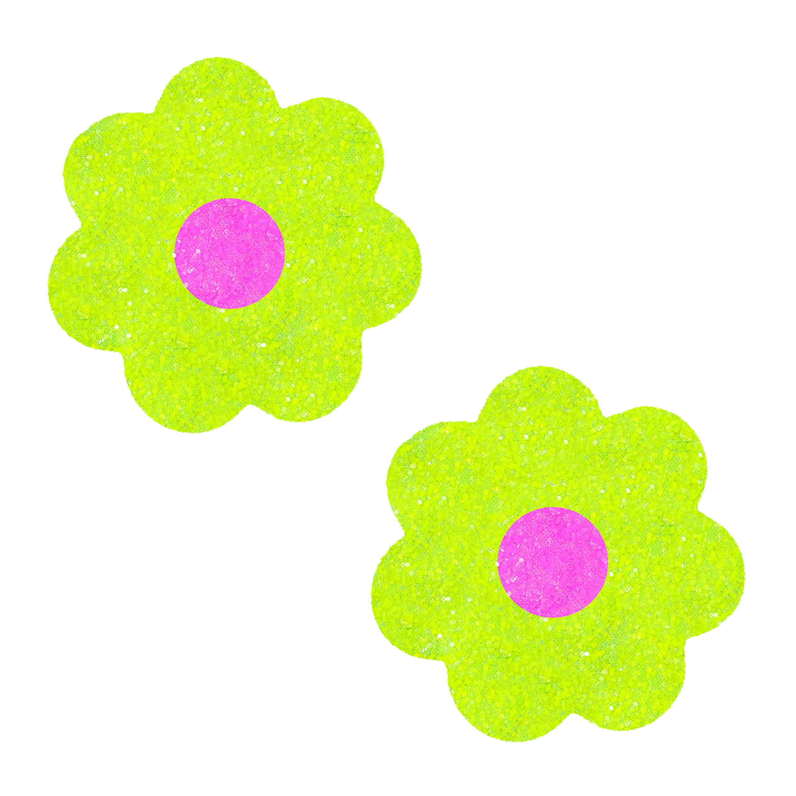 Neva NudeSuper Sparkle Lemon Lime Neon Blacklight Chunky Glitter Petal Nipztix Pasties Nipple Covers for Festivals, Raves, Lingerie & More, Medical Grade Adhesive, Waterproof, Sweatproof, Made in USA