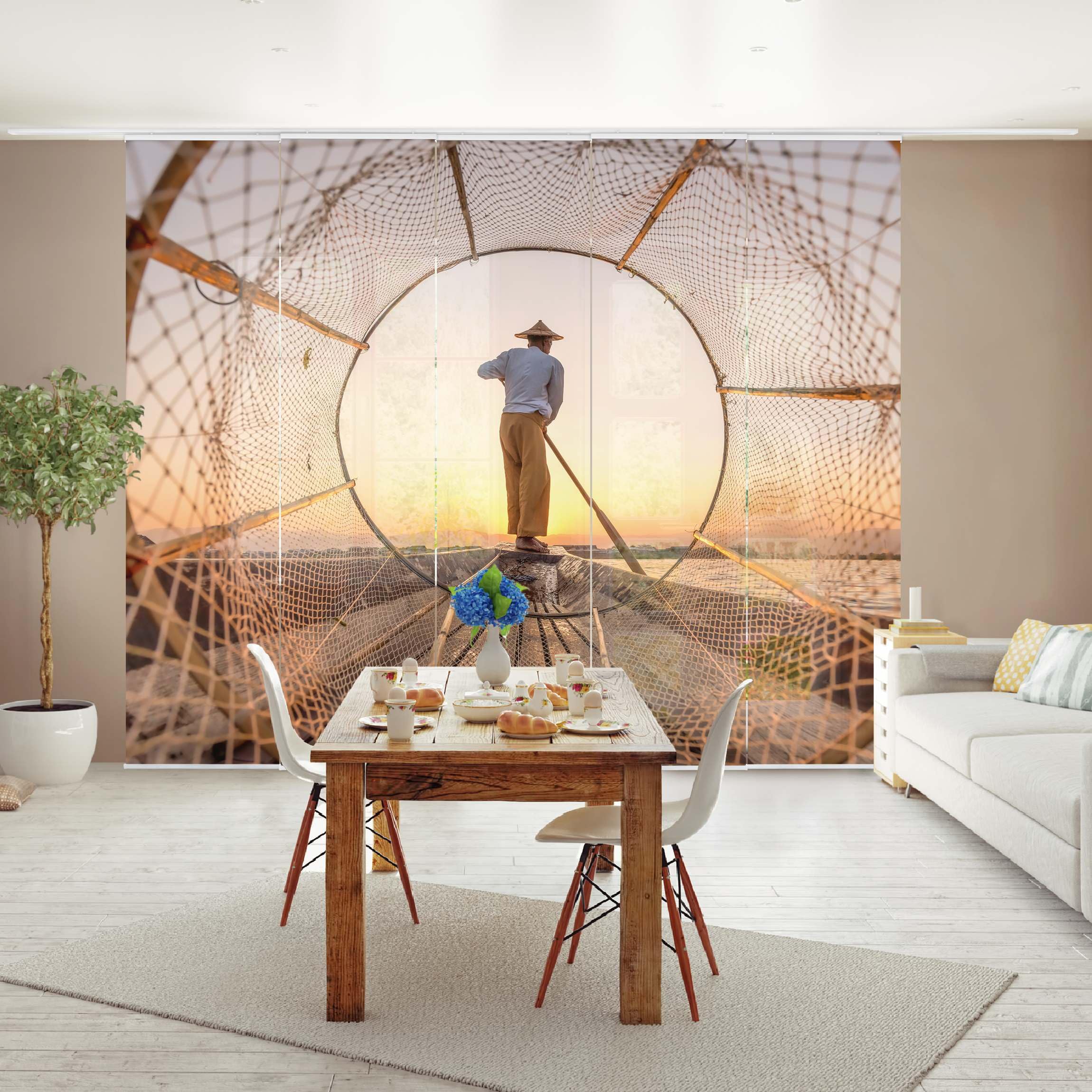 Schiebegardine halbtransparent 60er Paneel Klett Natur Textil lichtdurchlässig - Asien Modern Flächenvorhang orange Wohnzimmer Schlafzimmer 2565 (300x250 cm - 5er Set)