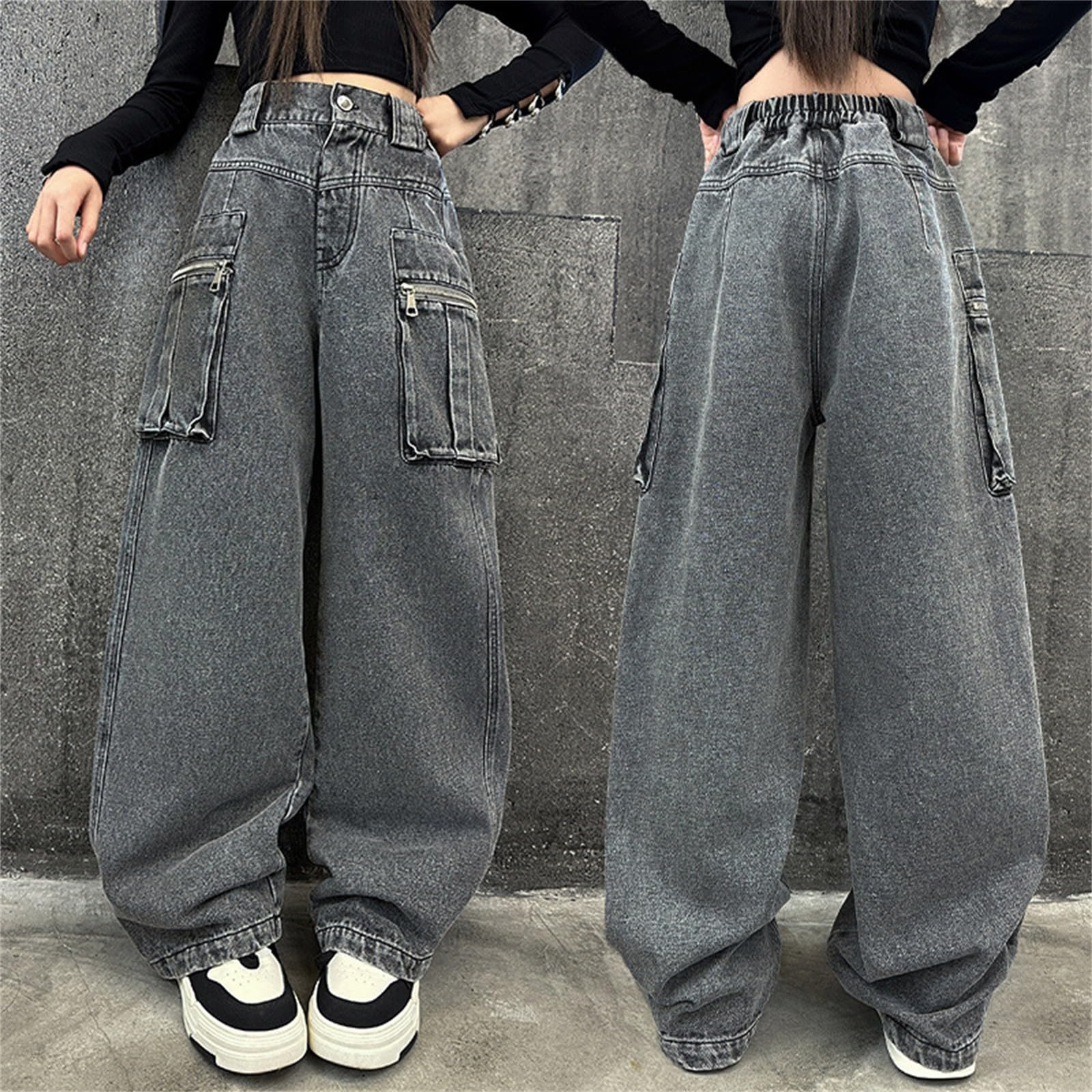 Jeans Large Ragazza Bootcut Strappato Elastico, Pantaloni Baggy in Denim a Vita Alta - Zampa di Elefante - Pantaloni Cargo per 5-16 Anni Bambini