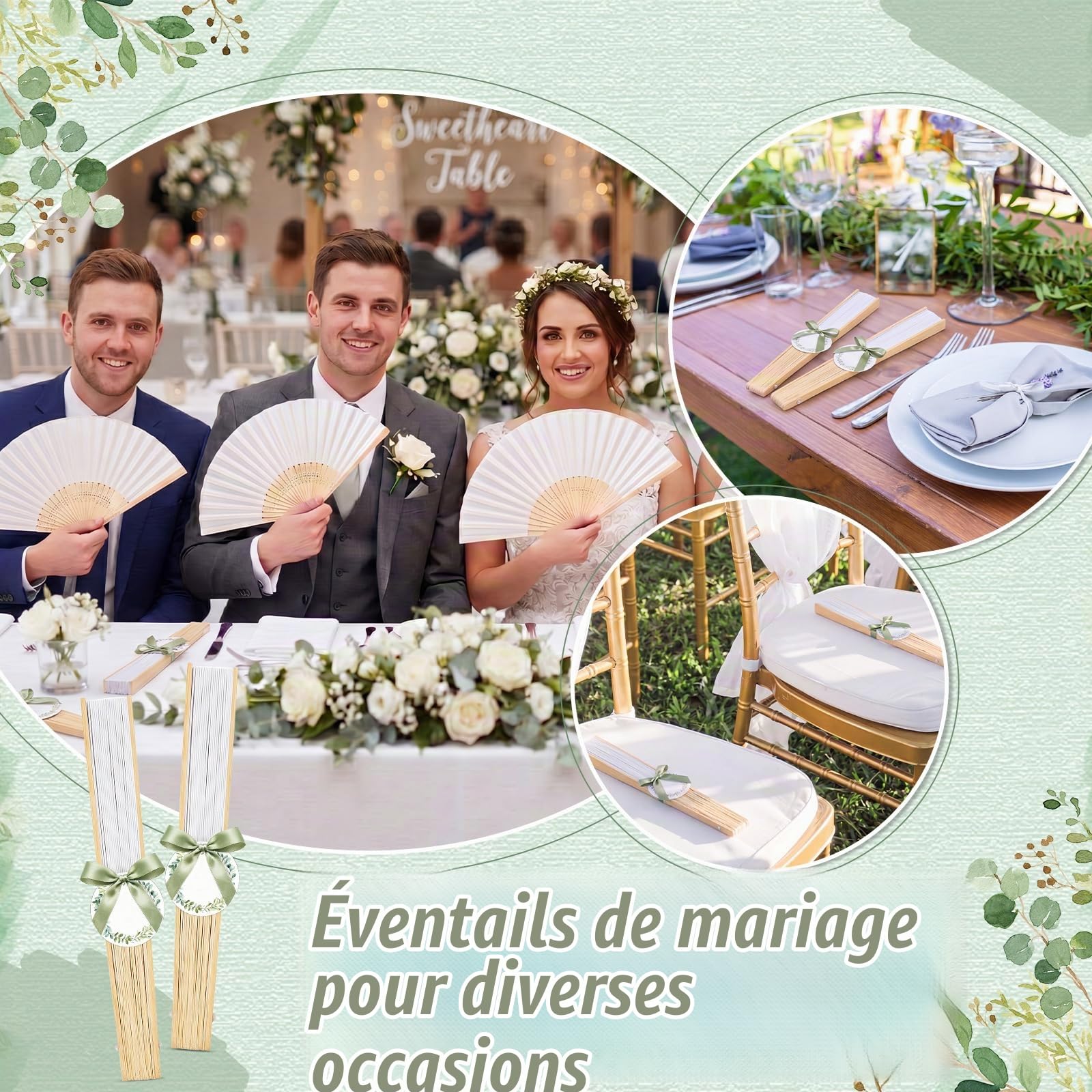 BBTO 50 Pcs Eventail Mariage Poche Pliante Pliant en Bois Papier Ventilateur Mit Étiquettes et Rubans pour Cadeaux Mariage, DIY, Demoiselles, Fête, Danse et Décoration