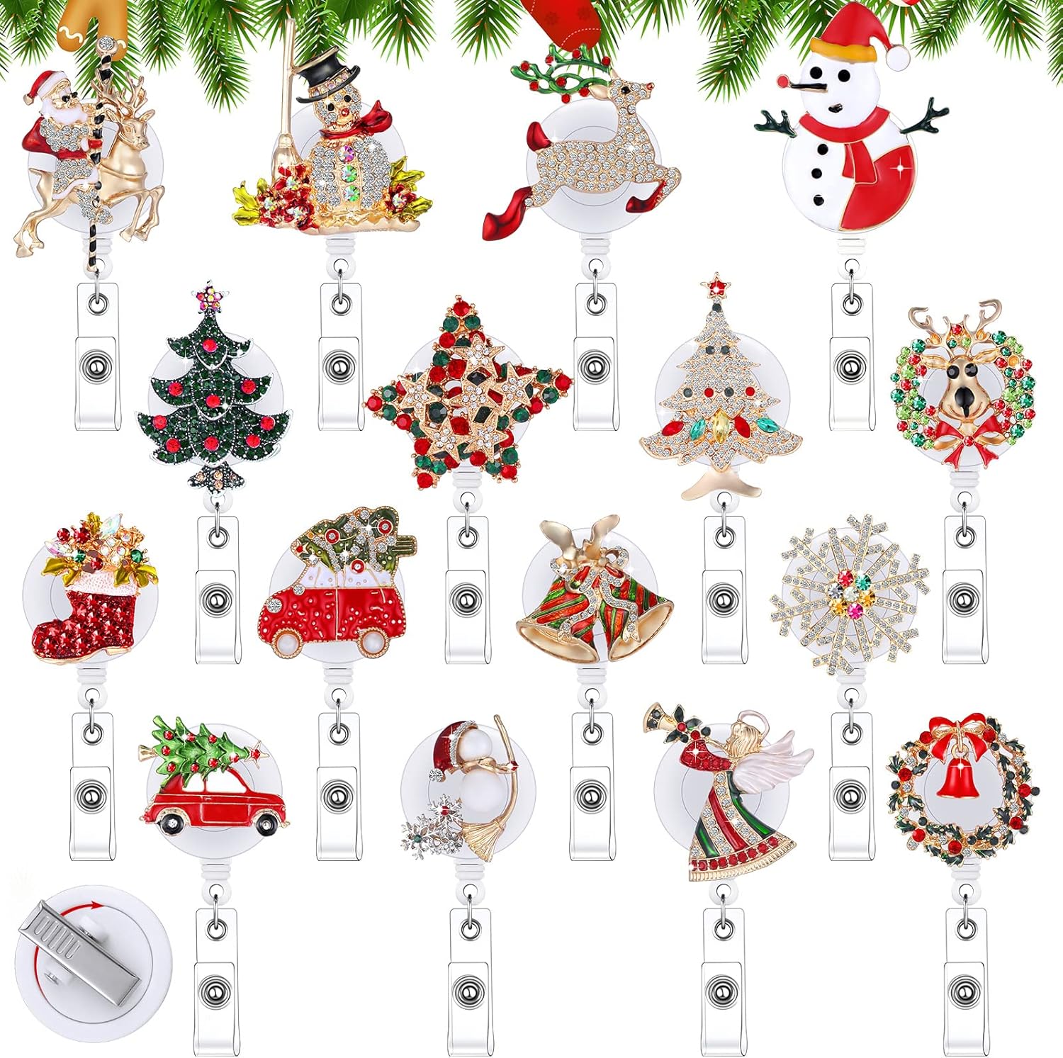 16 Pcs Christmas Badge Reels Retractable Christmas Badge Holders Rhinestone ID Name Holder with Alligator Clip Santa Claus Snowman Elk Bell Snowflake ID Name Clip for Women Nurse Doctor Xmas Gifts