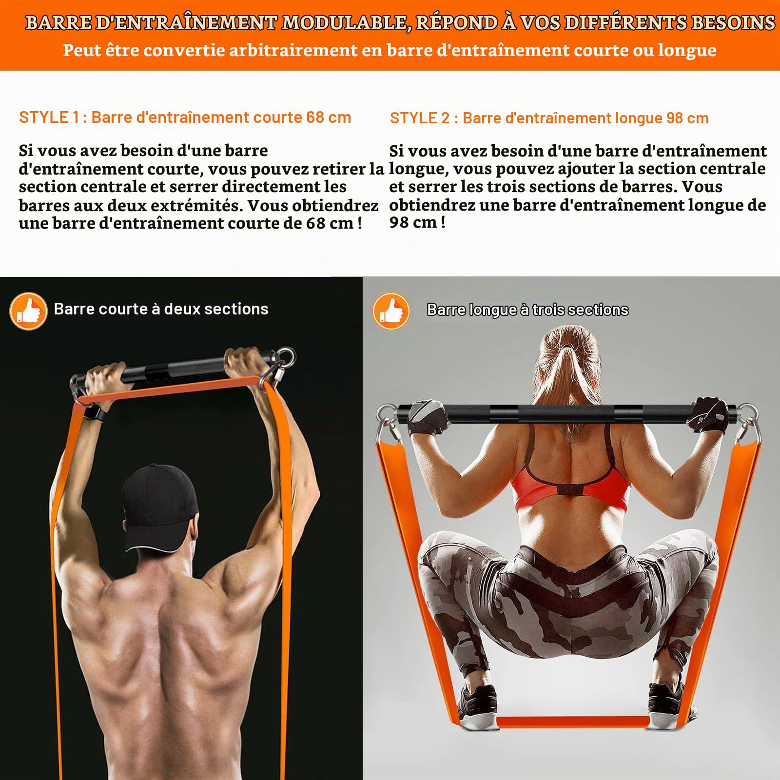 DASKING Barre de Bandes de Résistance, Détachable de 68cm/75cm/90cm/98cm Barres de Fitness, Kit de Smartworkout Bar en Acier Allié pour le Pilates,le Yoga, le Powerlifting, la musculation, le Home Gym