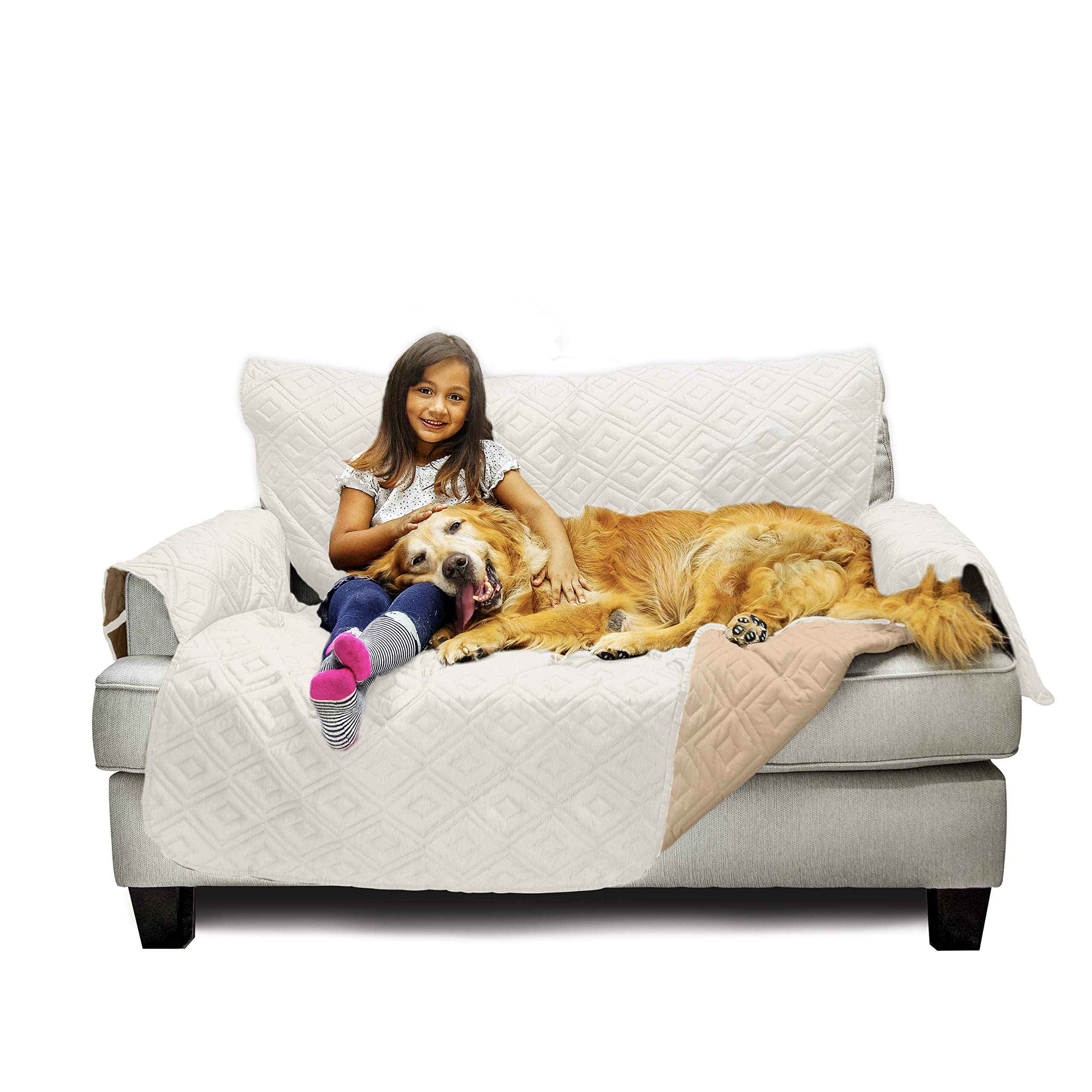 Mary Maxim Furniture Covers - Quilted Couch Slipcover and Furniture Protector for Dogs, Cats, Pets, Kids - Side Pockets, Elastic Strap & Water Resistant (54" Loveseat, Beige & Tan)