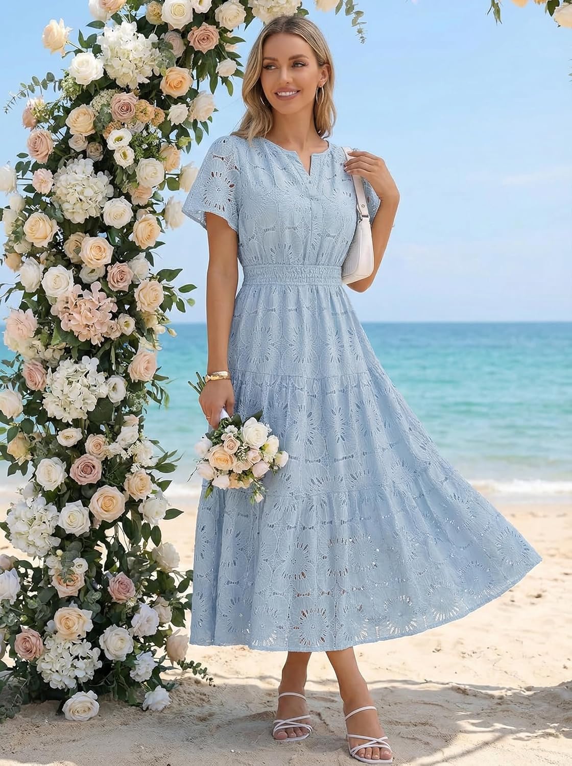 MEROKEETY Women's Summer Floral Maxi Dress 2026 Spring Boho Vacation Eyelet Lace Short Sleeve A Line Tiered Flowy Dresses - Image 6