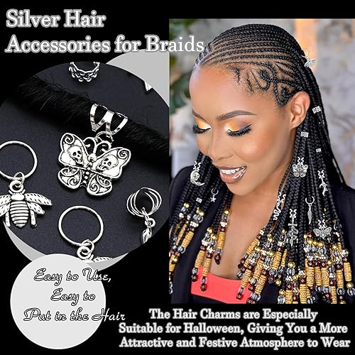 Miniatura 5 de SAWINDA 20 piezas de joyería de Halloween para el cabello, rastas, trenzas, dijes de serpiente plateada, joyería para el cabello, mariposa, cráneo,