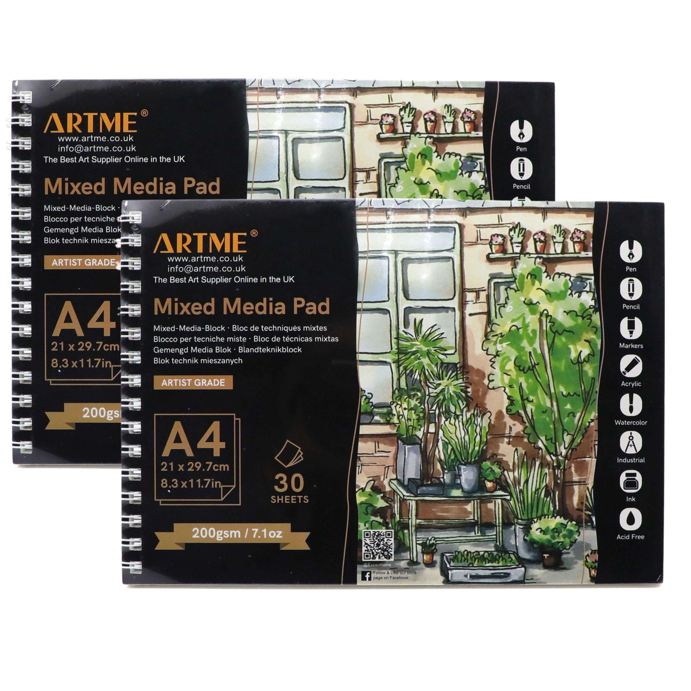 Artme A4-2Pk A4 Mixed Media Pad 2Pk, 30 Sheets 200Gsm, Spiral Bound, With Tearing Cut Lines, Sketchbook For Drawing And Painting (A4-2Pk)