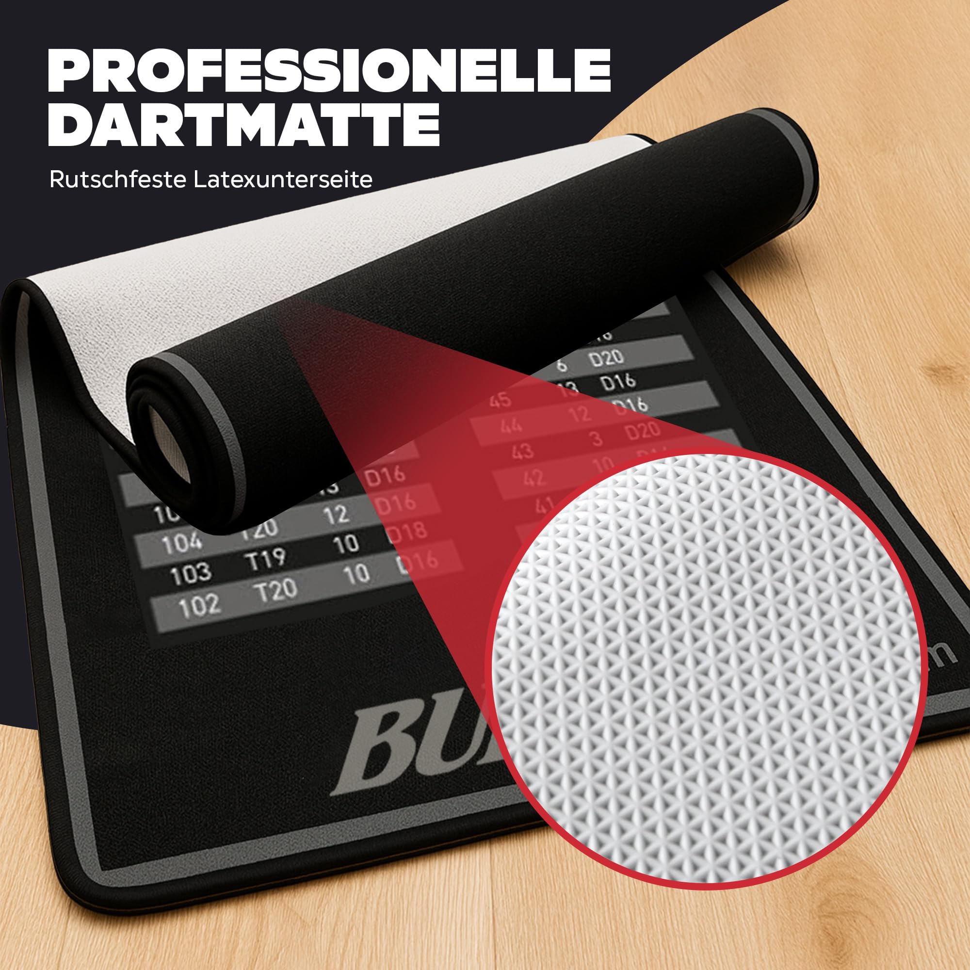 Professioneller Dartteppich - 237x80cm - Dart Zubehör für zu Hause, Büro, Kneipe, Partys - Dartmatte mit Turniermaßen Score Indikator und Oche - Darts Carpet zum Schutz des Bodens