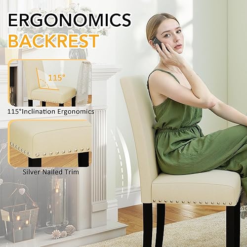 Miniatura 5 de LSSPAID Juego de 4 sillas de comedor tapizadas de tela con ribete de cabeza de clavo y patas de madera maciza para el hogar y la cocina, color beige