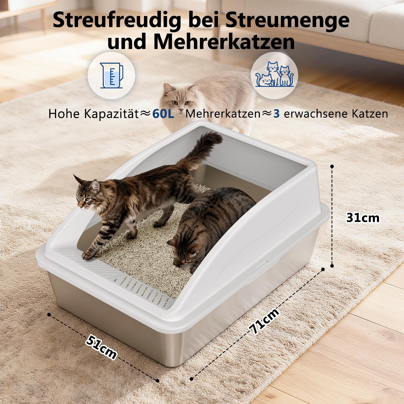 FURTIME Lettiera Gatto, 60 L Lettiera Acciaio Inox, Facile da Pulire, Facile da Pulire Antiodore e Spaziosa, Sabbiera XXXL Alta, Con Acciaio Inox Paletta, 71 x 51 x 31 cm