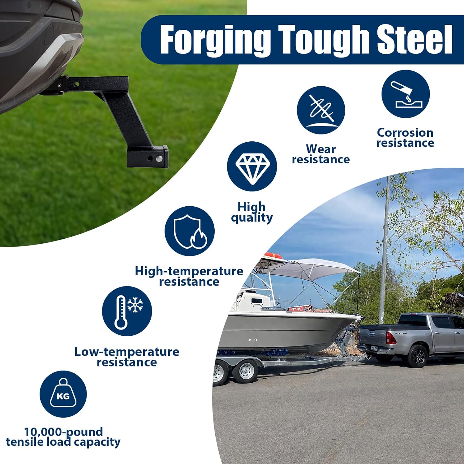 10-Inch Hitch Receiver Extension Riser, 10000lbs Trailer Hitch Adapter, Adjustable Hitch 2 Inch Receiver with Stabilizer, 9" or 11" Length Adjustable, 3-Pack Hitch Pins and Universal Trailer Cap
