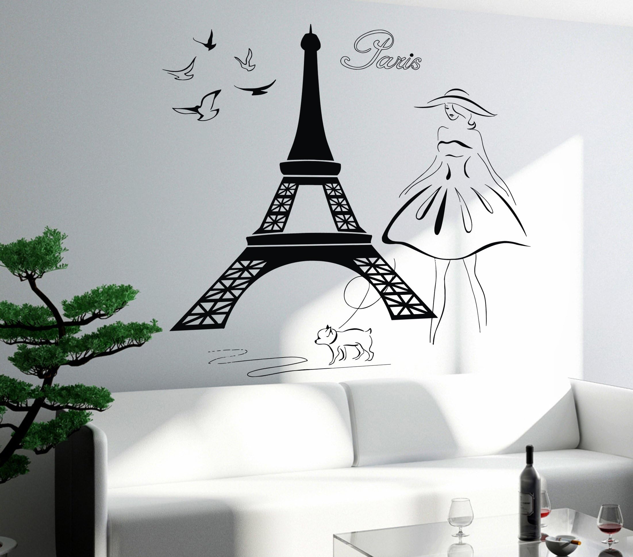Vinyl Decal Wall Sticker Eiffel Tower Paris France Girl with Dog Romantic Decor (z1951i) (M 22.5 in X 27 in)