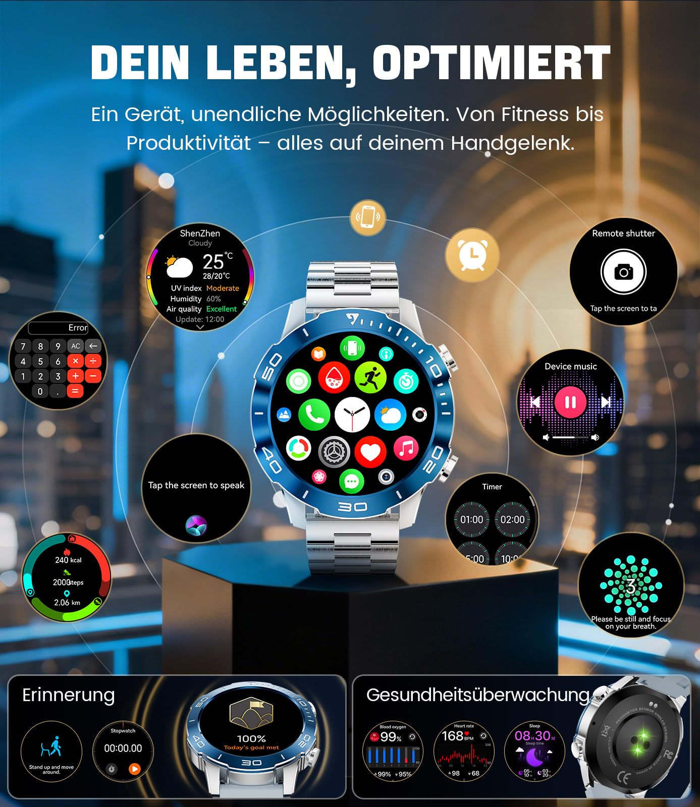 LIGE Smartwatch Herren mit Telefonfunktion, AMOLED Smart Watch für Android/iOS, IP68 Wasserdicht, 24/7 Herzfrequenz/Schlafmonitor, 170+ Sports, 300+ Zifferblätter, Silbernem Gehäuse & Blauer Blende