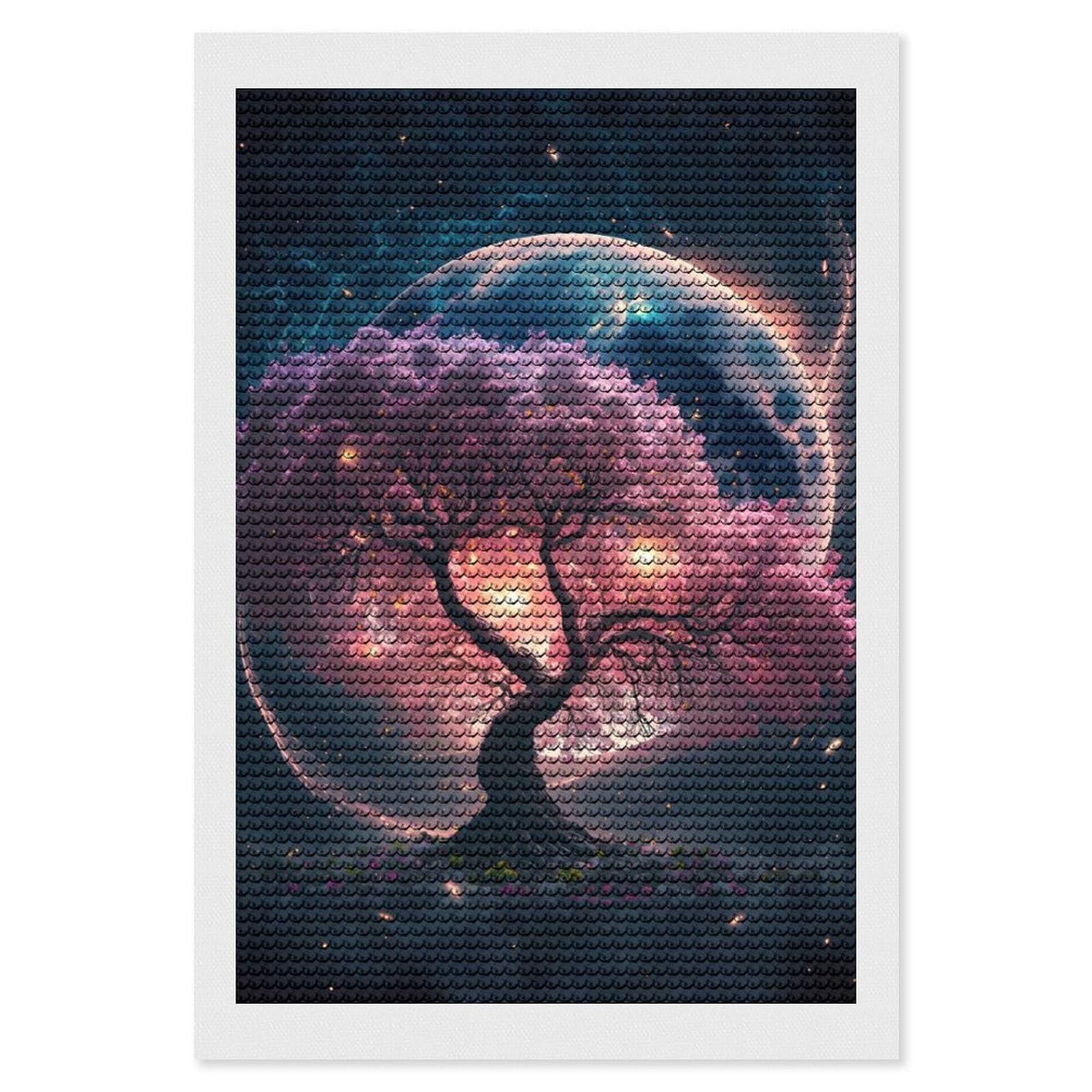 Junmoney Cosmic Sakura Tree DIY Diamond Art Canvas Kit 8"x12", Pleasing Wall Art Project, Easy Handmade Project, Living Room Decor