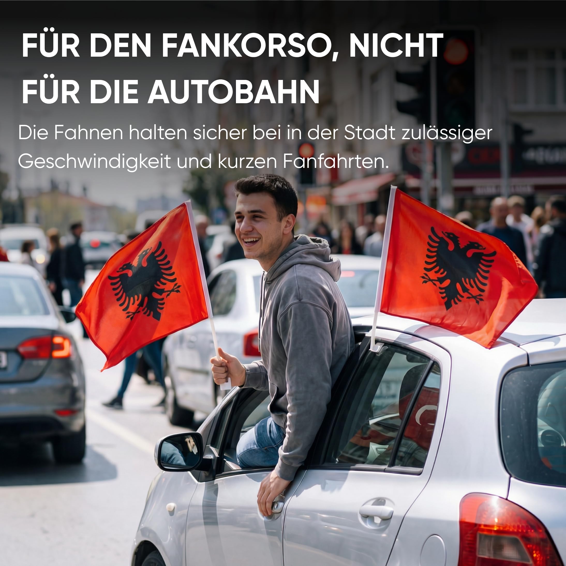 Auto Fahnen Albanien Set - Motorhauben Fahne & 2 Autofahnen für Fenster, Fußball Fanartikel FZG für EM & WM, Albanische Flagge Deko Set