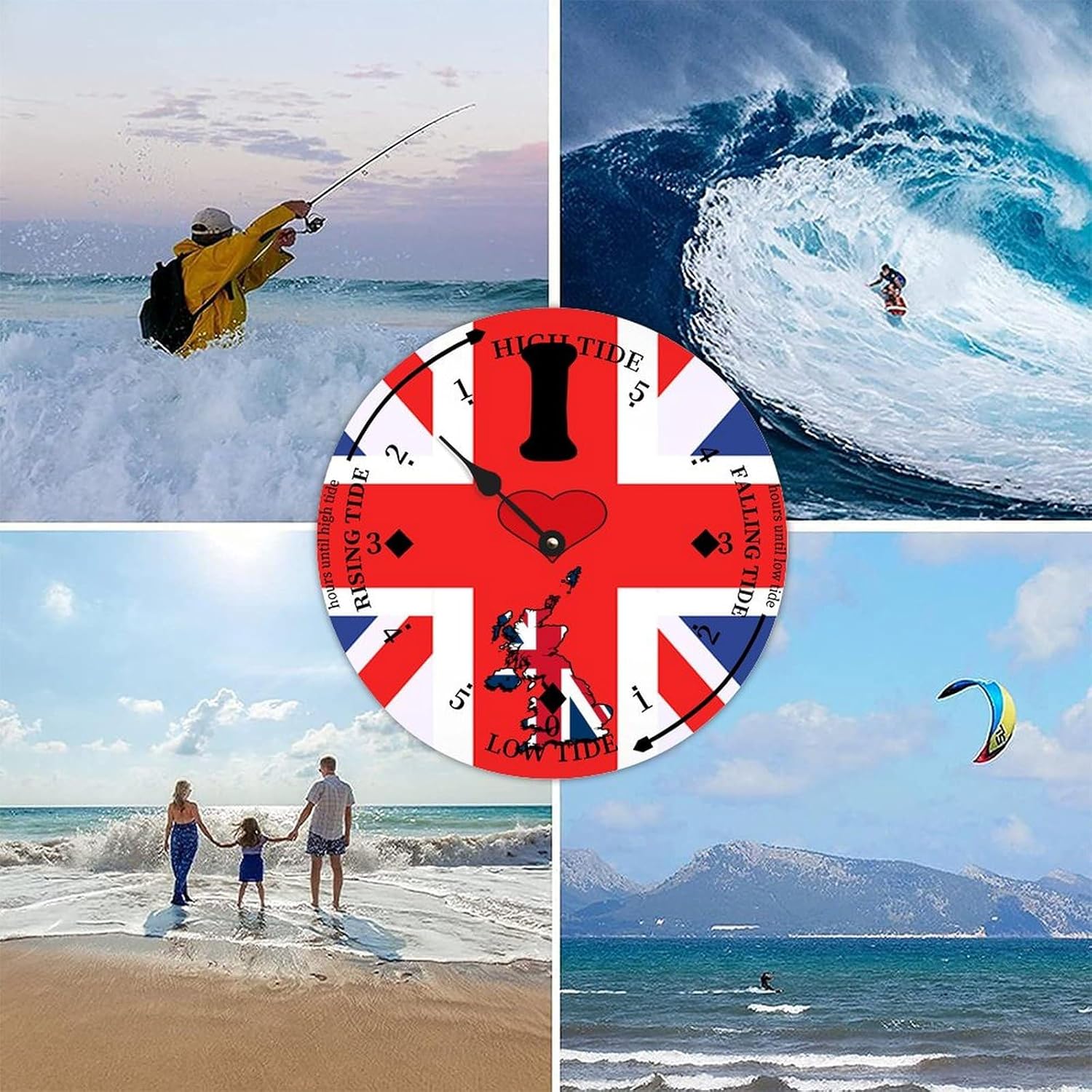 Rustic Wood Tide Clock United Kingdom Flags Ocean Time Wooden Clock Wood Moon Tidal Clock for Wall High and Low Tide Movement Clock for Seaside House Cottage Hotel Camping 15x15 in