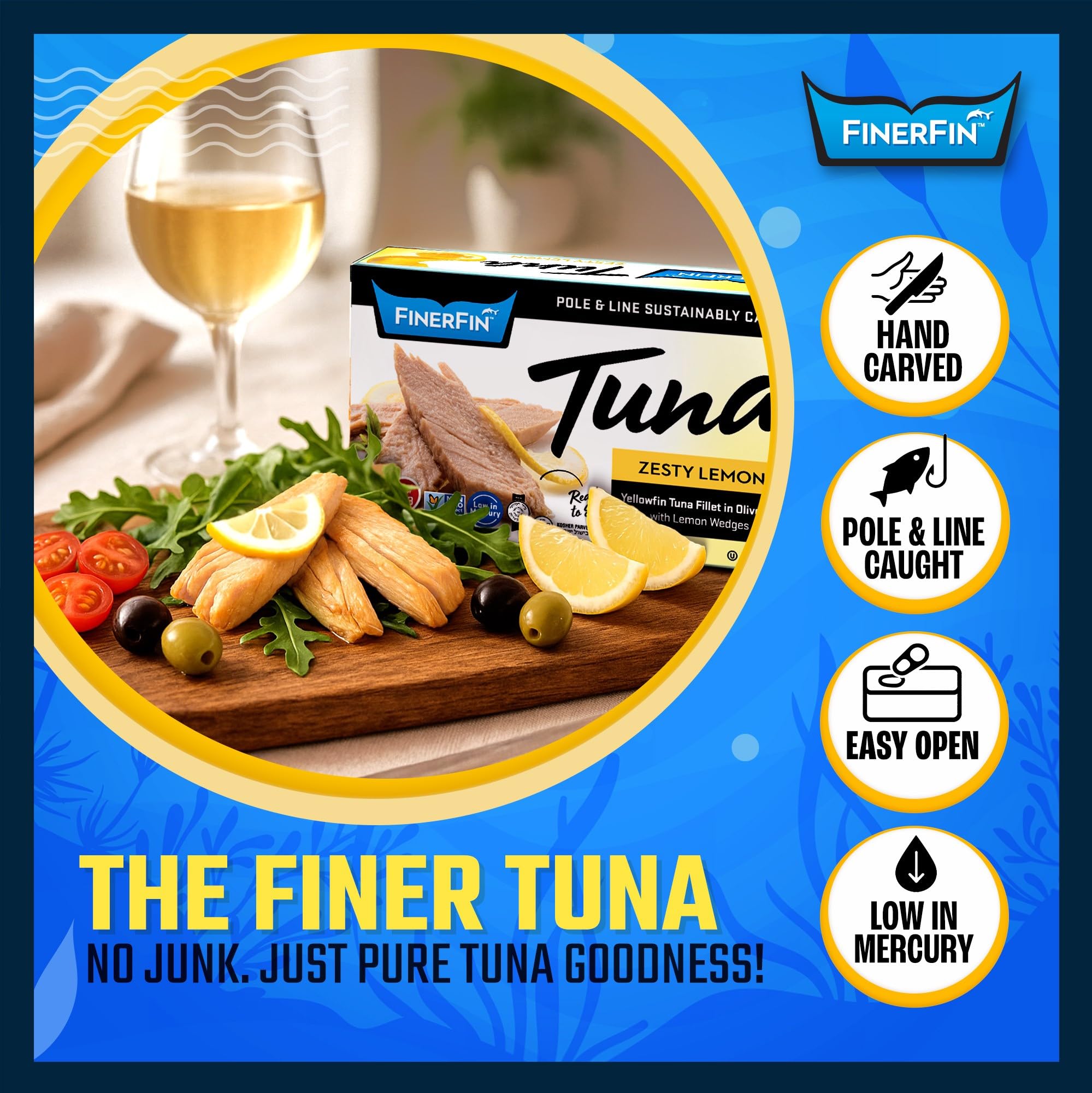 FinerFin Yellowfin Tuna Fillets in Organic Olive Oil | Zesty Lemon Flavor | Premium Canned Tuna Fish with EVOO | Gourmet Ready-to-Eat Pole & Line Caught Fillets | 4.4oz can - 6 Pack