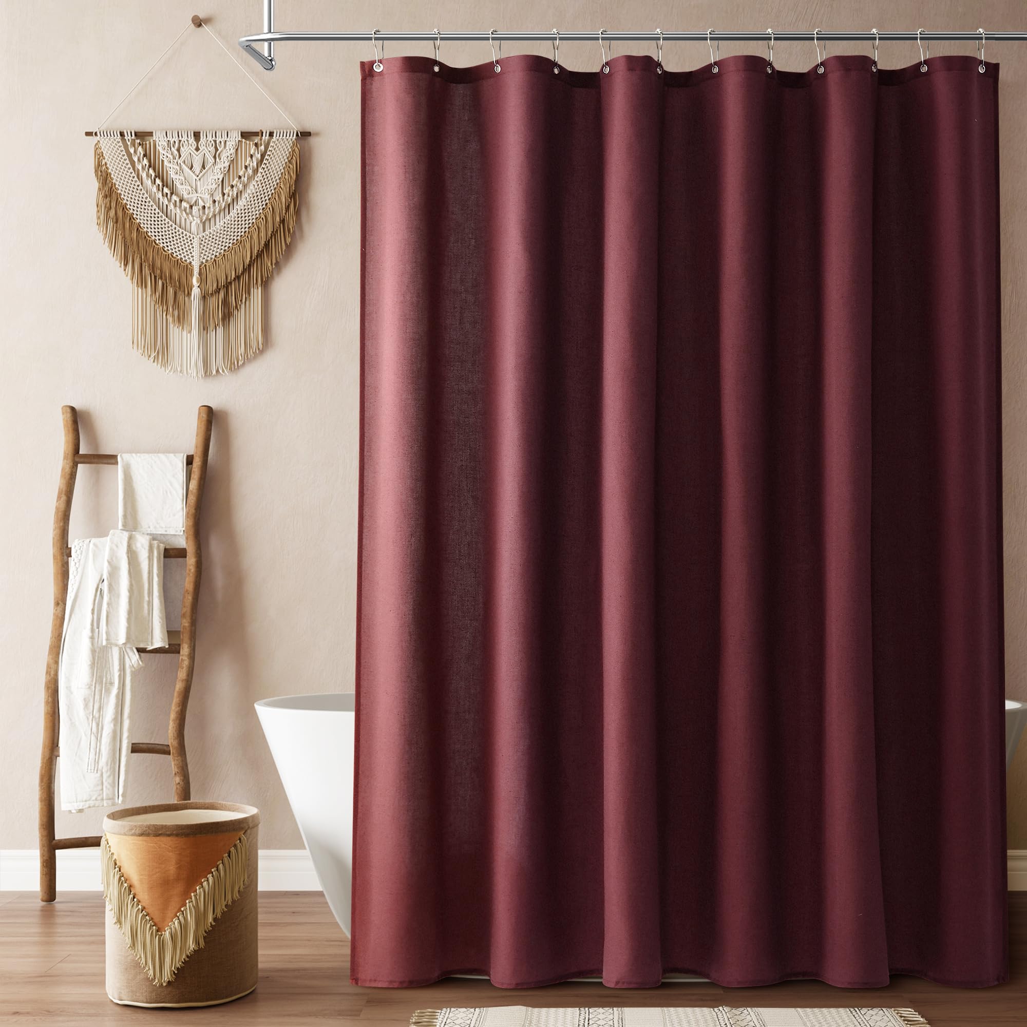Naturoom Linen Shower Curtain 72 Inch Long for Bathroom Burgundy 1 Panel