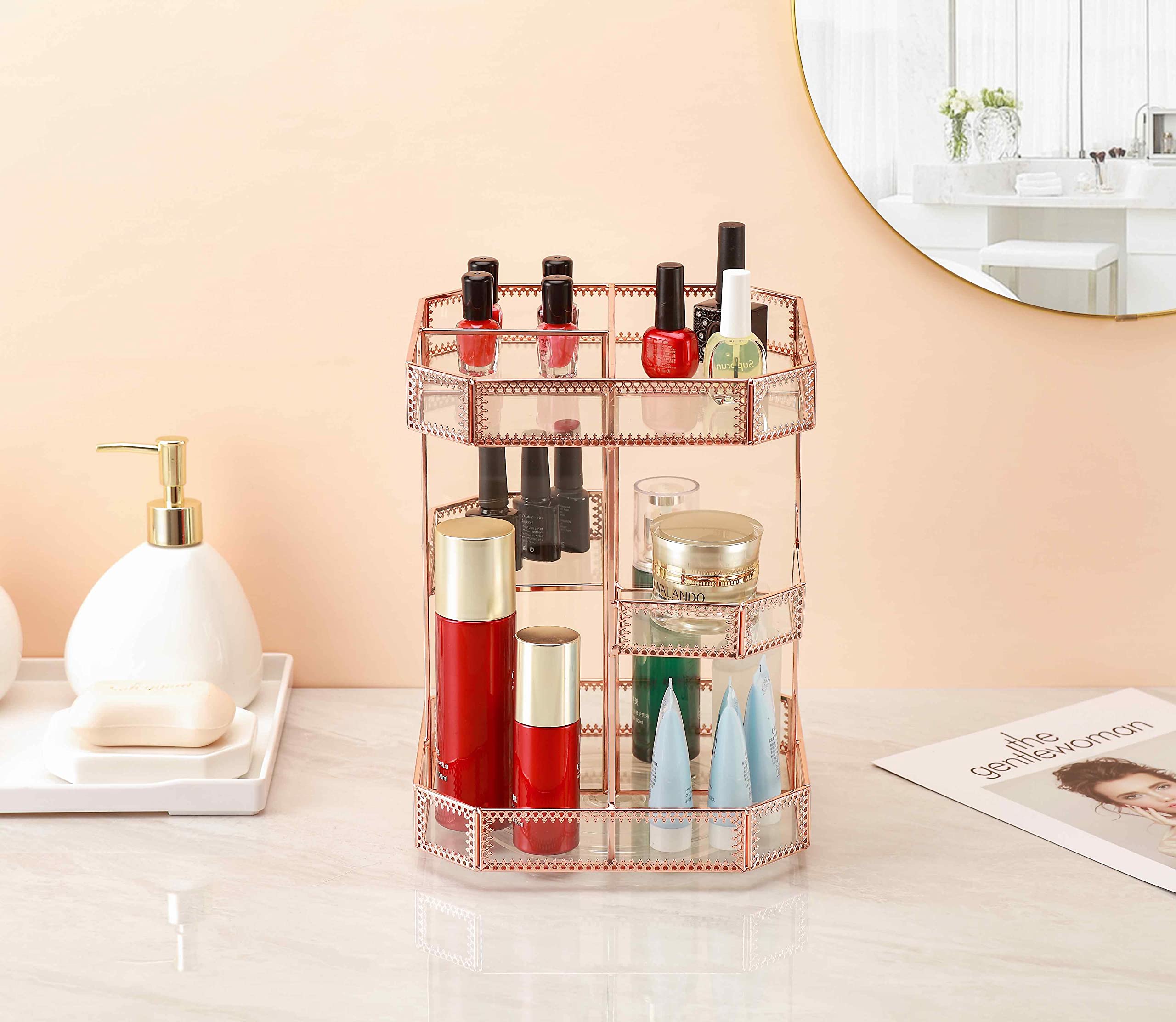Miss Sweet Organizzatore di trucco per cosmetici regolabile a 360 gradi rotante (oro rosa)