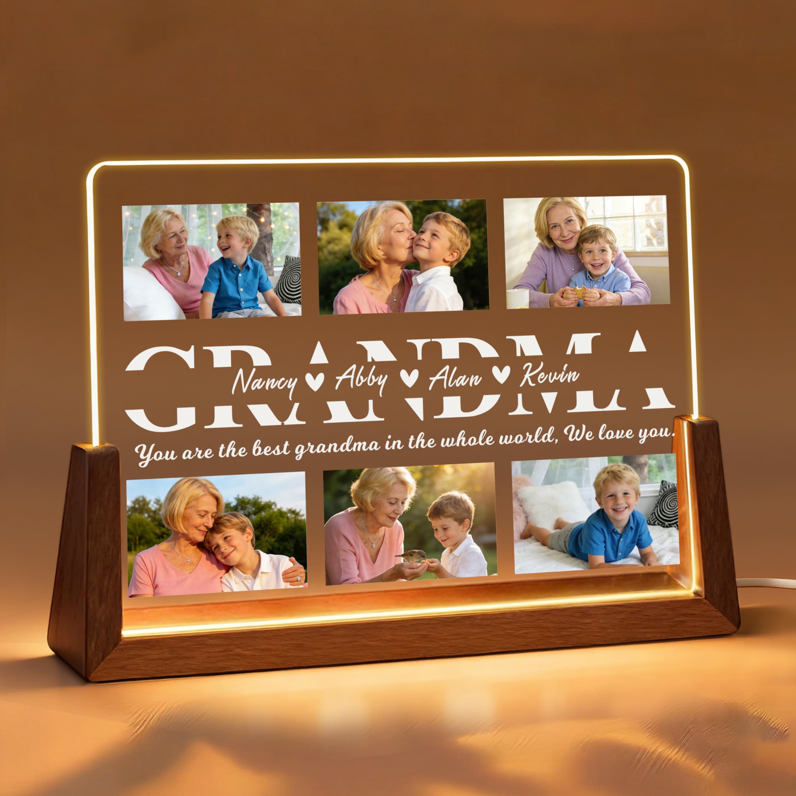 EDSG Personalised Mothers Day Photo Gifts Personalised Gifts for Women Custom Gift for Mom Photo Mum Gift Acrylic Plaque Night Light for Mothers Day Christmas (U-Landscape-Grandma)