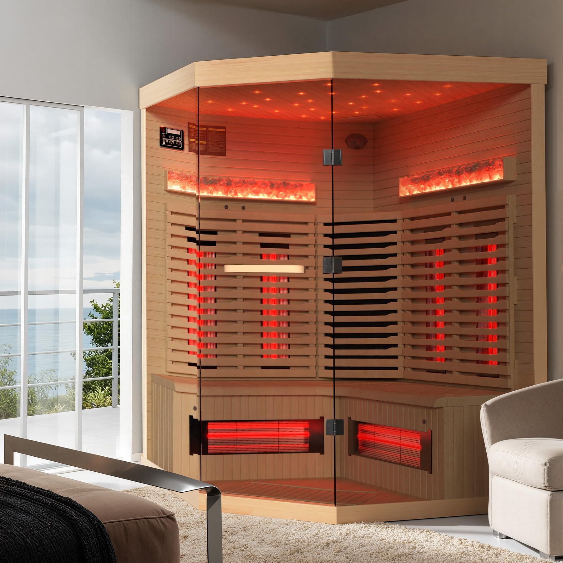 Infrared Sauna,3-4 Person Home Sauna with Himalayan Salt Brick,Original Corner Sauna Spa Room with 7 Color Starry Sky Top,Canadian Hemlock & Tempered Glass, 220V