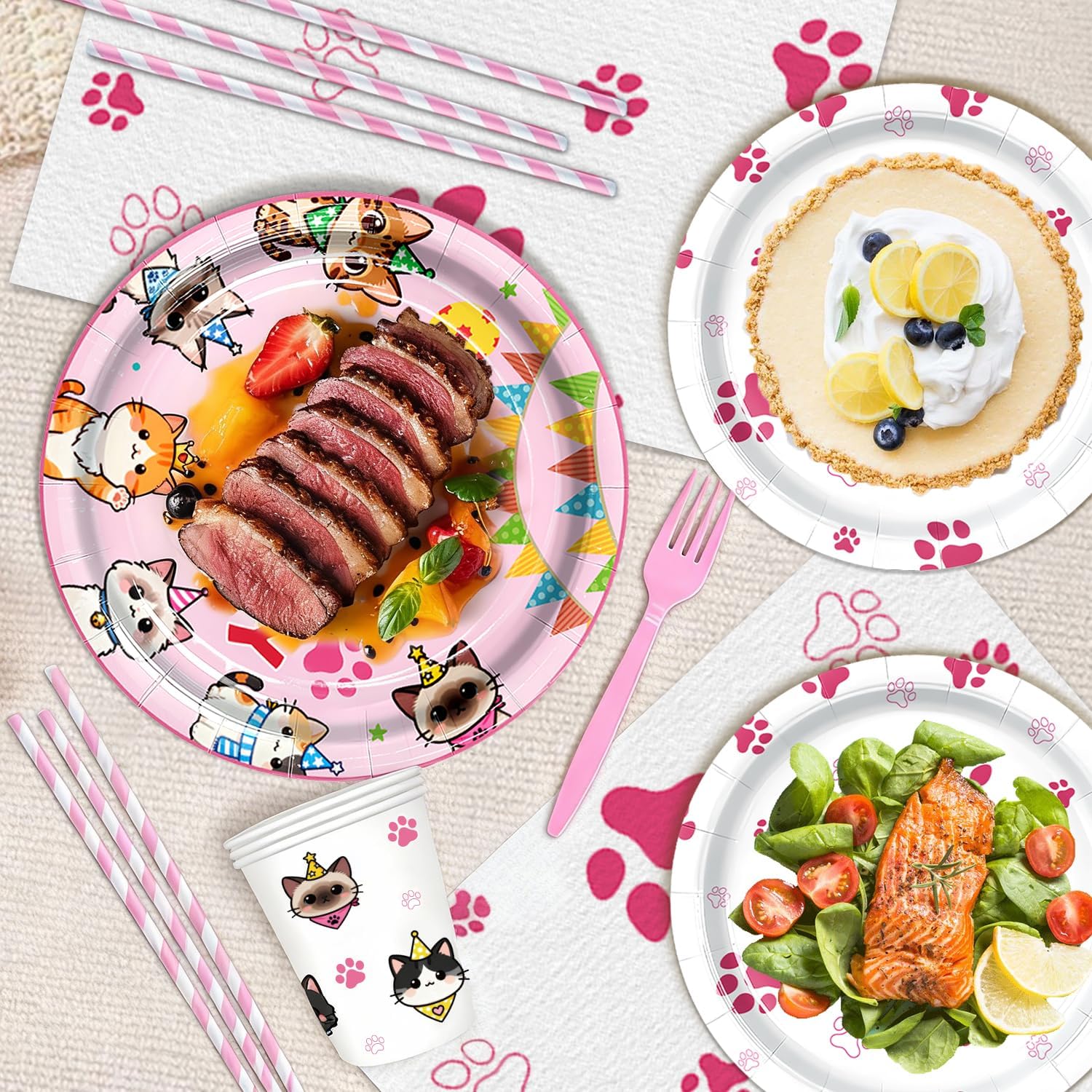 197pcs Cat Birthday Decorations Kit, Cute Cat Themed birthday party decorations with Tableware, Cake Decorations & Hanging Accessories, Serves 24 Guests