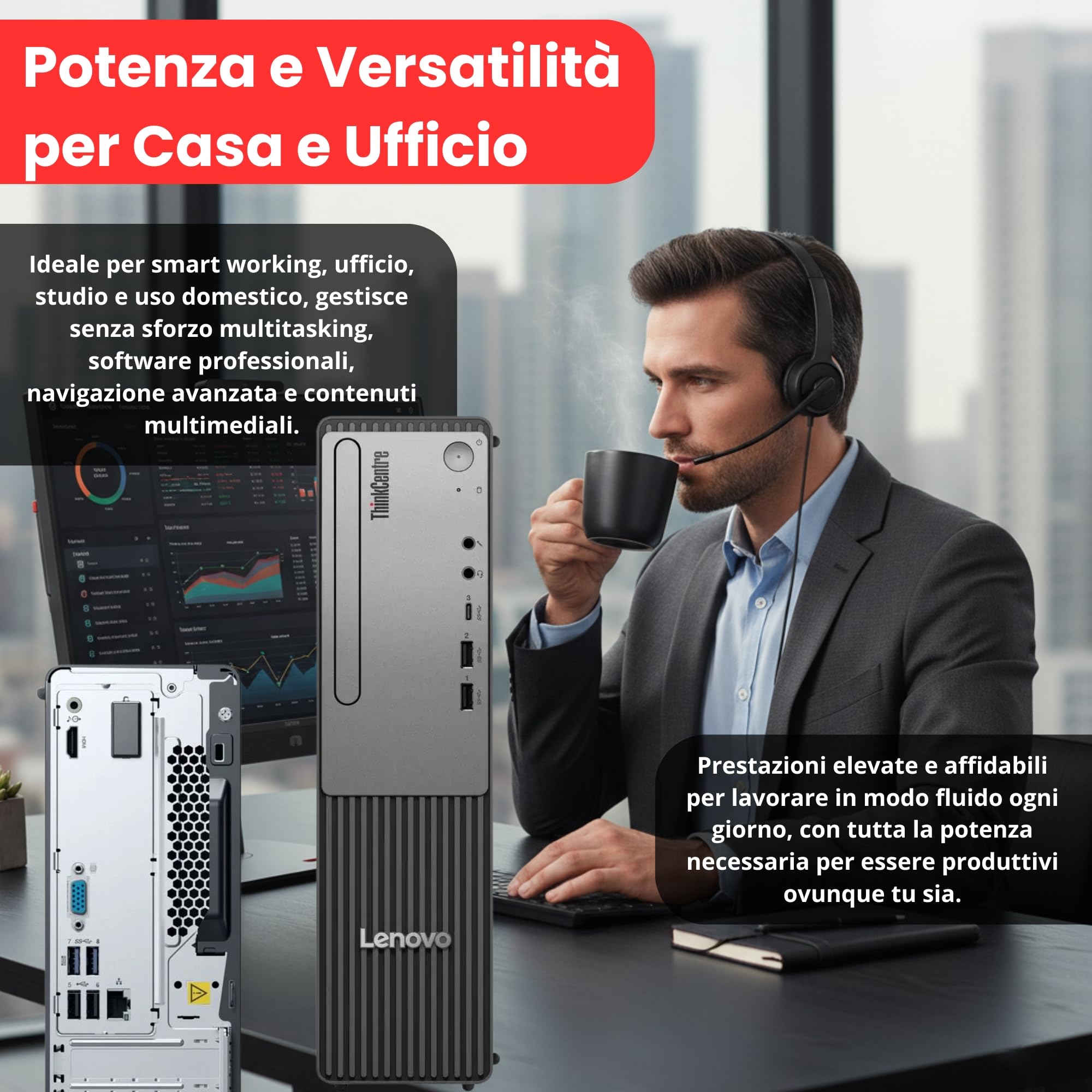 Lenovo PC Completo Business e Office Neo 30s Gen 5 SFF | Intel Core i5-13420H | 16GB RAM DDR5 | SSD 512GB Nvme HDMI + Monitor ThinkVision 24" VoIP con Webcam, Audio e Microfono – Windows 11 Pro