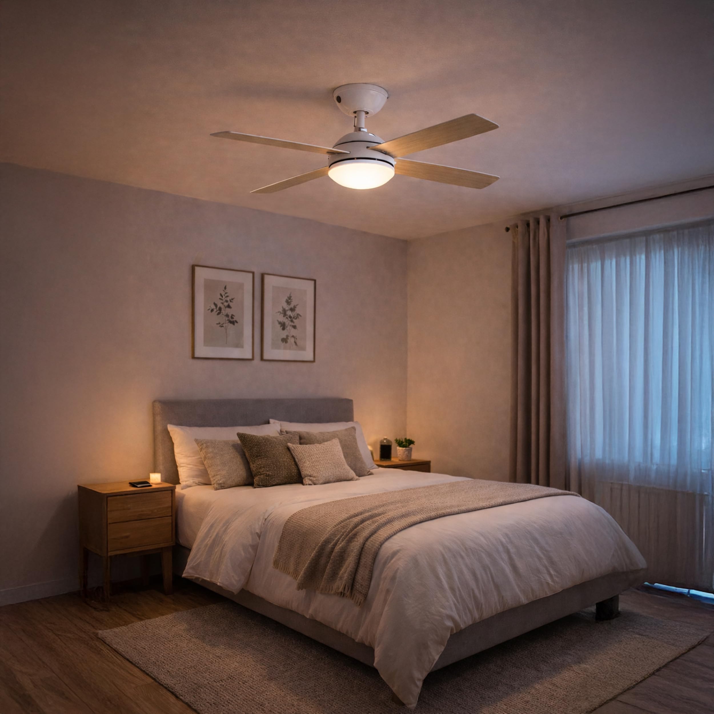 EGLO LED Deckenventilator Losciale, mit Fernbedienung, 4 Flügel Ventilator mit Beleuchtung, Ventilatorlampe Decke mit Sommer Winter Betrieb, Metall in Weiß und Holz, AC Motor, Ø 106,6 cm