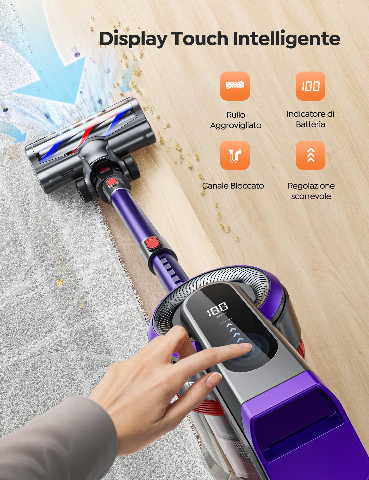 Aspirapolvere Senza Fili 450W/38Kpa, 55Min Batteria Rimovibile,Scopa Elettrica Senza Potente Fili con Rilevazione della Polvere, 1.5L Anti-Avvolgimento Aspirapolvere per Pavimenti Tappeti per Animali.