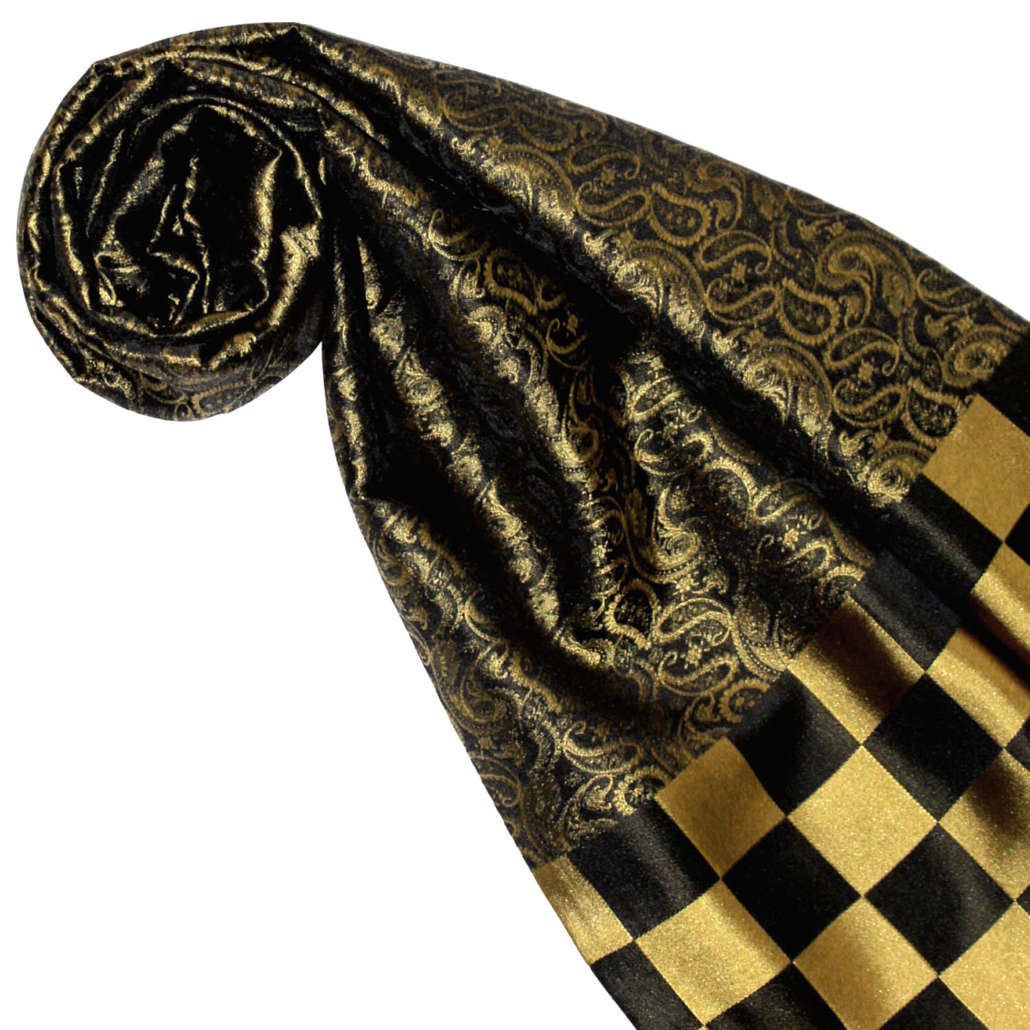 Lorenzo Cana Luxus Damen Schal aus 100% Seide aufwändig jacquard gewebt Damast Seidenschal Seidentuch Tuch 25 x 160 cm Schwarz Gold Karo 89214