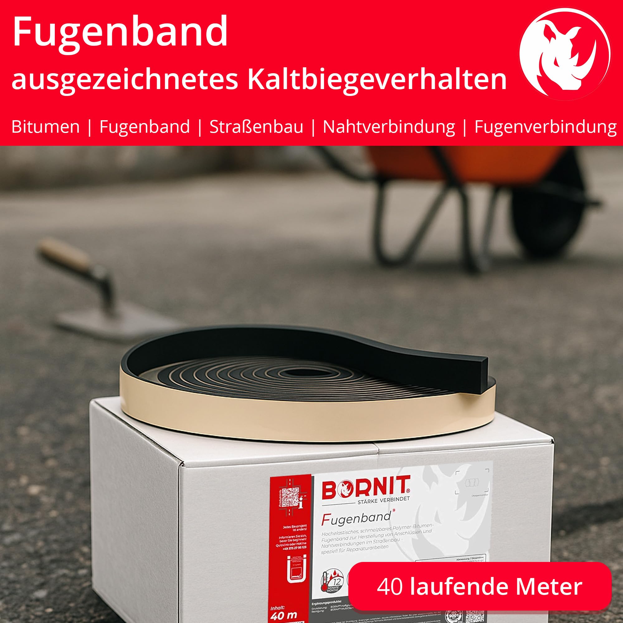 BORNIT Fugenband aus Polymerbitumen, 40m/Karton (40x10 mm) | für dauerhafte Asphaltfugen und Straßensanierung, zur langlebigen Abdichtung im Straßenbau