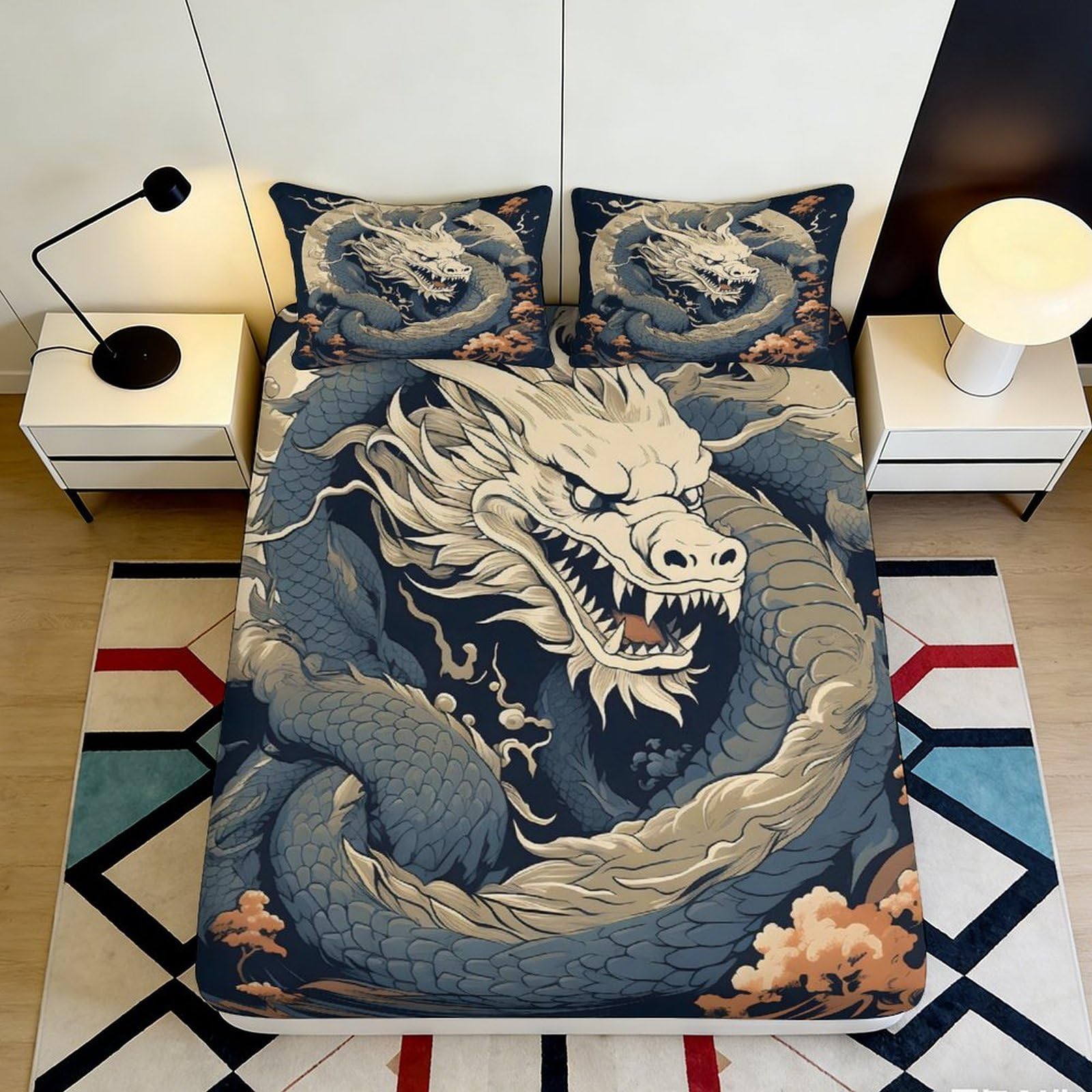 Dhbaneiok Style-8 3D Printed Dragon Art Fitted Sheet Microfiber Soft Blue Oriental Style Mattress Cover For Bedroom Dorm Decor 90X200x25cm