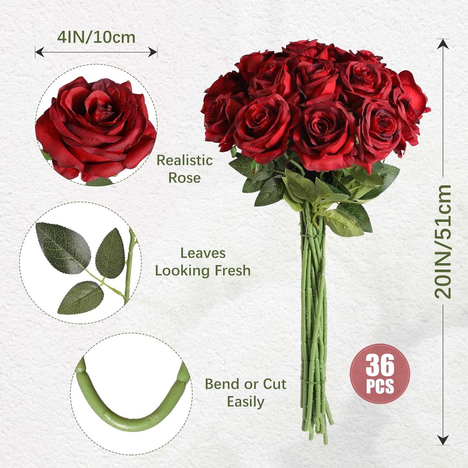 Veryhome 36Pcs Artificial Roses Realistic Fake Flowers Bulk Long Stem Silk Faux Roses Bouquet for Wedding DIY Home Decor Bridal Table Centerpieces Party Arrangements Gifts(Gradient Burgundy)