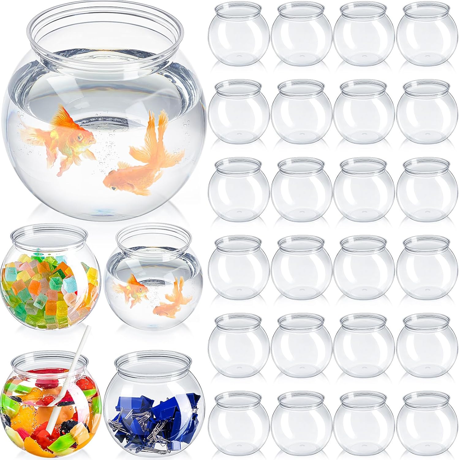 Eccliy 24 Pcs Clear Fish Bowl 27 oz Plastic Fish Bowls for Drinks Unbreakable Heavy Duty Goldfish Bowl with 24 Straws for Carnival Games Halloween Candy Table Centerpieces Party Decorations