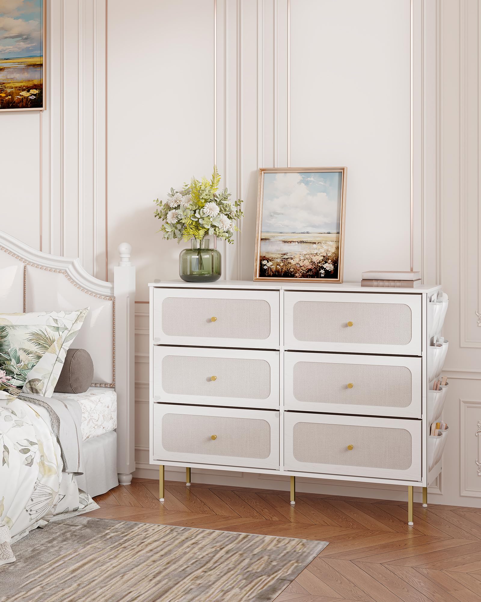 Hzuaneri Commode 110cm, Armoire avec 6 Tiroirs en Tissu, Meuble de Rangement, Cadre en Métal, 30 x 110 x 85 cm, pour Le Salon et la Chambre, Style Moderne, Blanc-Or DU25813AW
