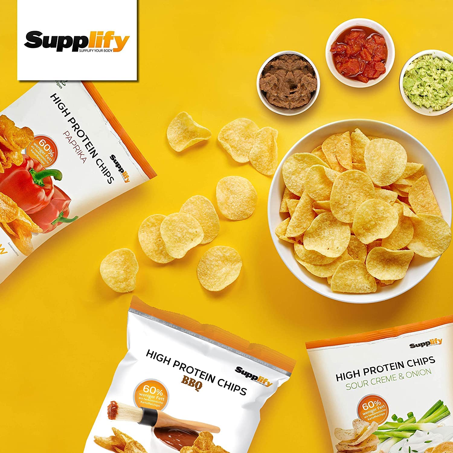 Supplify 24 x 50 g Chips Altos en Proteína (Veganas, Sabor BBQ), Chips Proteicos Bajas en Carbohidratos y Calorías, Alternativa Fitness