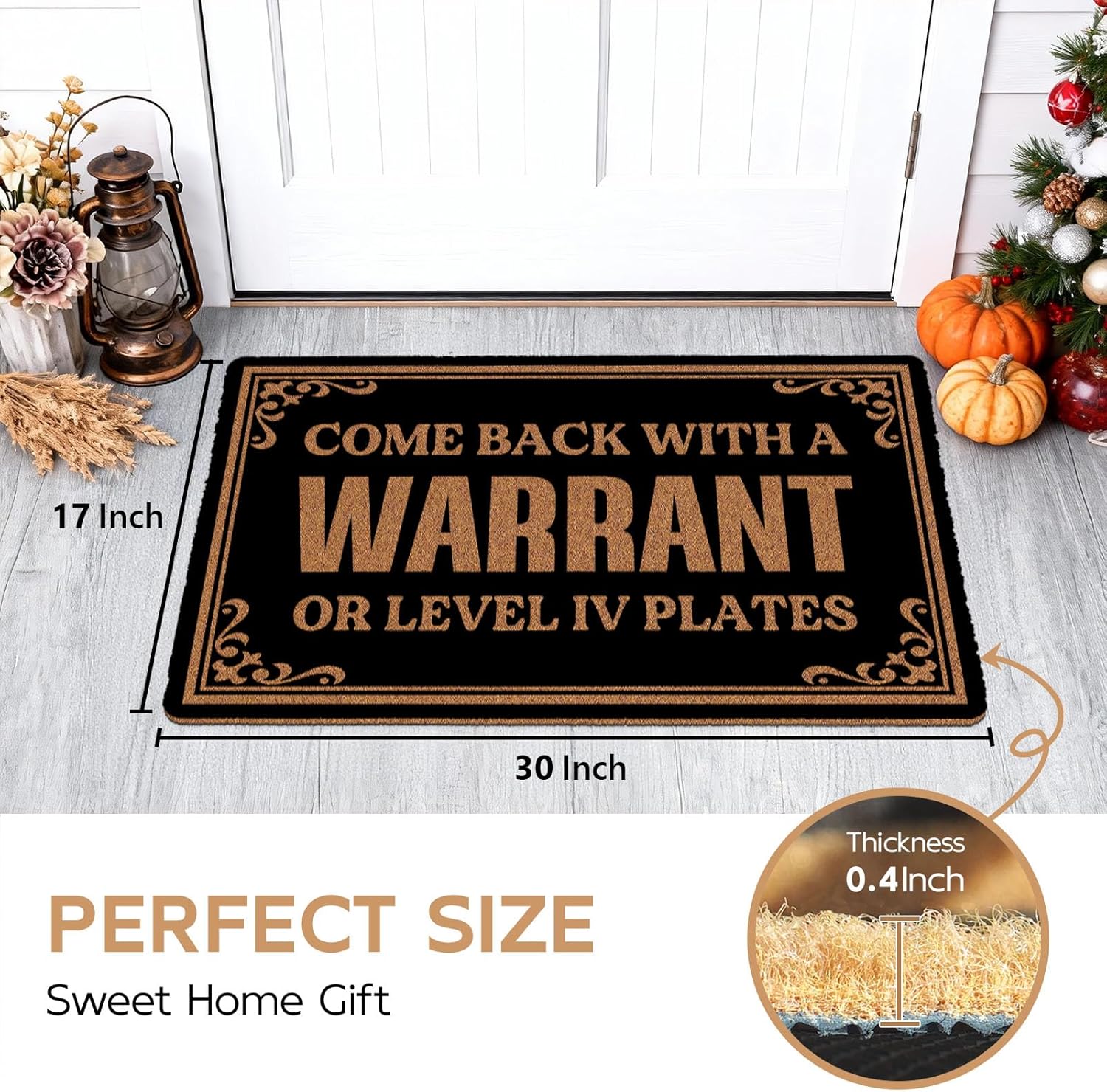 Come Back with a Warrant or Level Iv Plates Doormat Funny Welcome Coir Door Mat Thick Dust Waterproof Mats Indoor Outdoor Mat with Non Slip Rubber Backing Easy to Clean 30x17 Inch