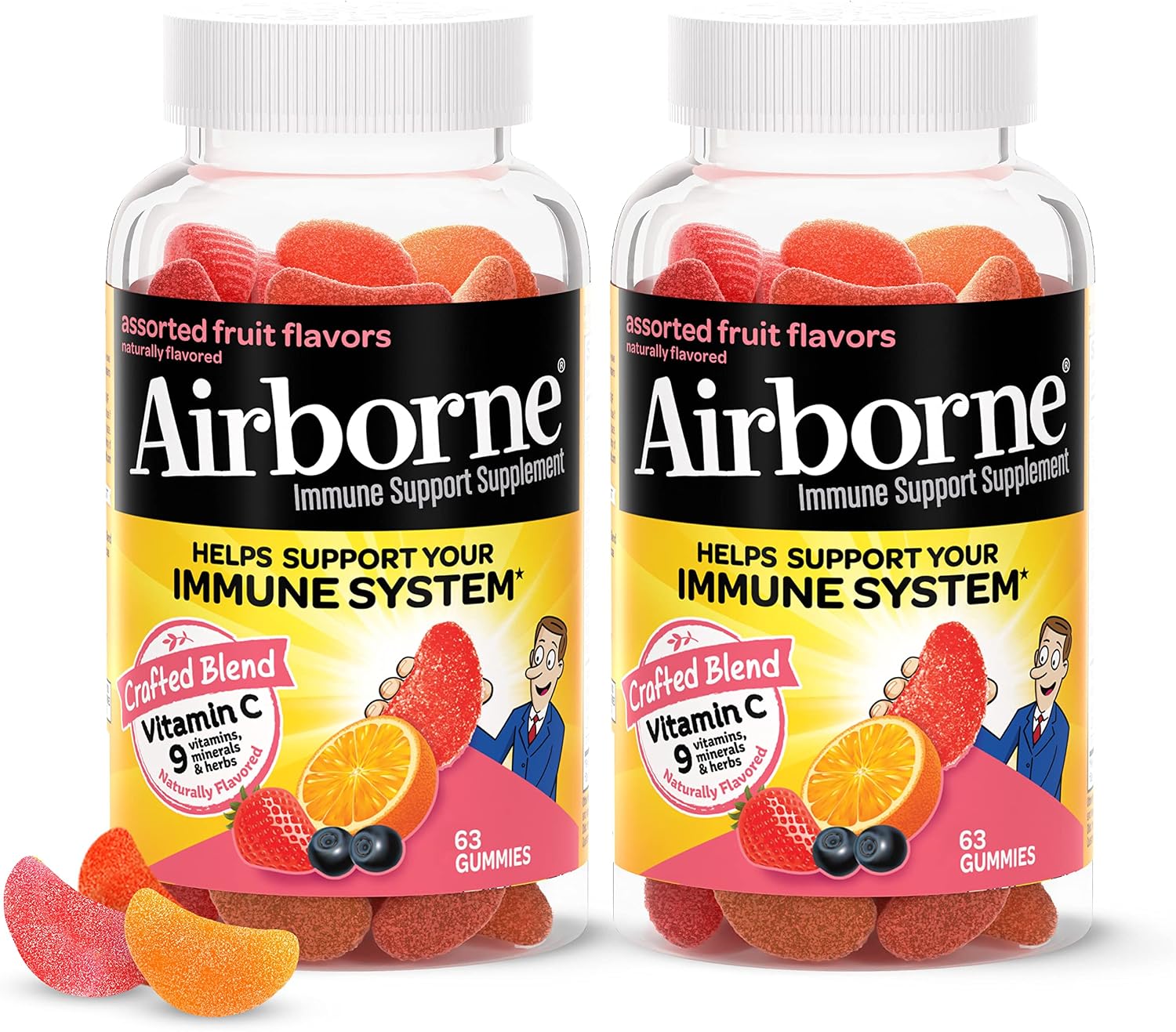 Airborne 750mg Vitamin C Gummies For Adults, Immune Support Gummies With Powerful Antioxidants Vit C & E - (2x63 count bottle), Assorted Fruit Flavor