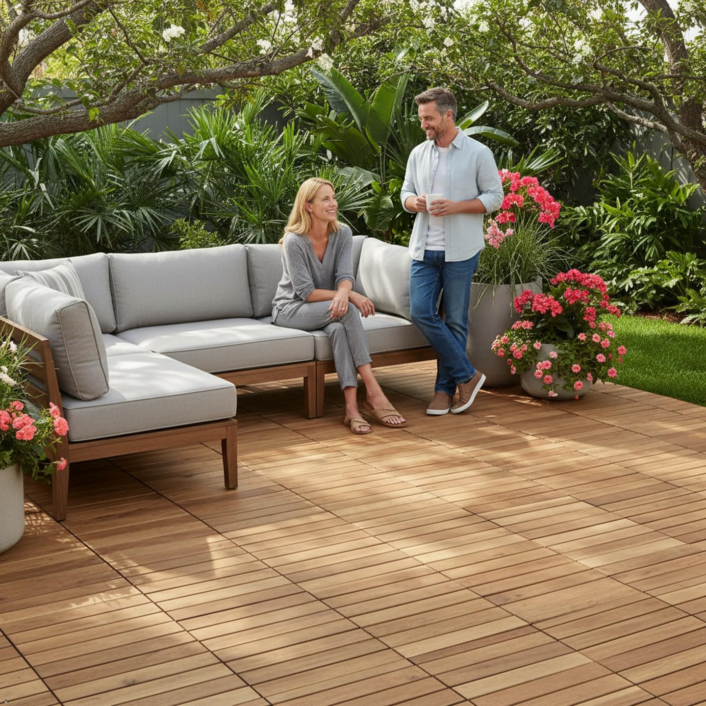 VICTORY RELAX Piastrelle ad incastro per pavimenti in legno di acacia, 9 pezzi, 12 doghe in rovere bianco, impermeabili, decorazione per interni ed esterni, per balcone, giardino, terrazza (31 x 31 x