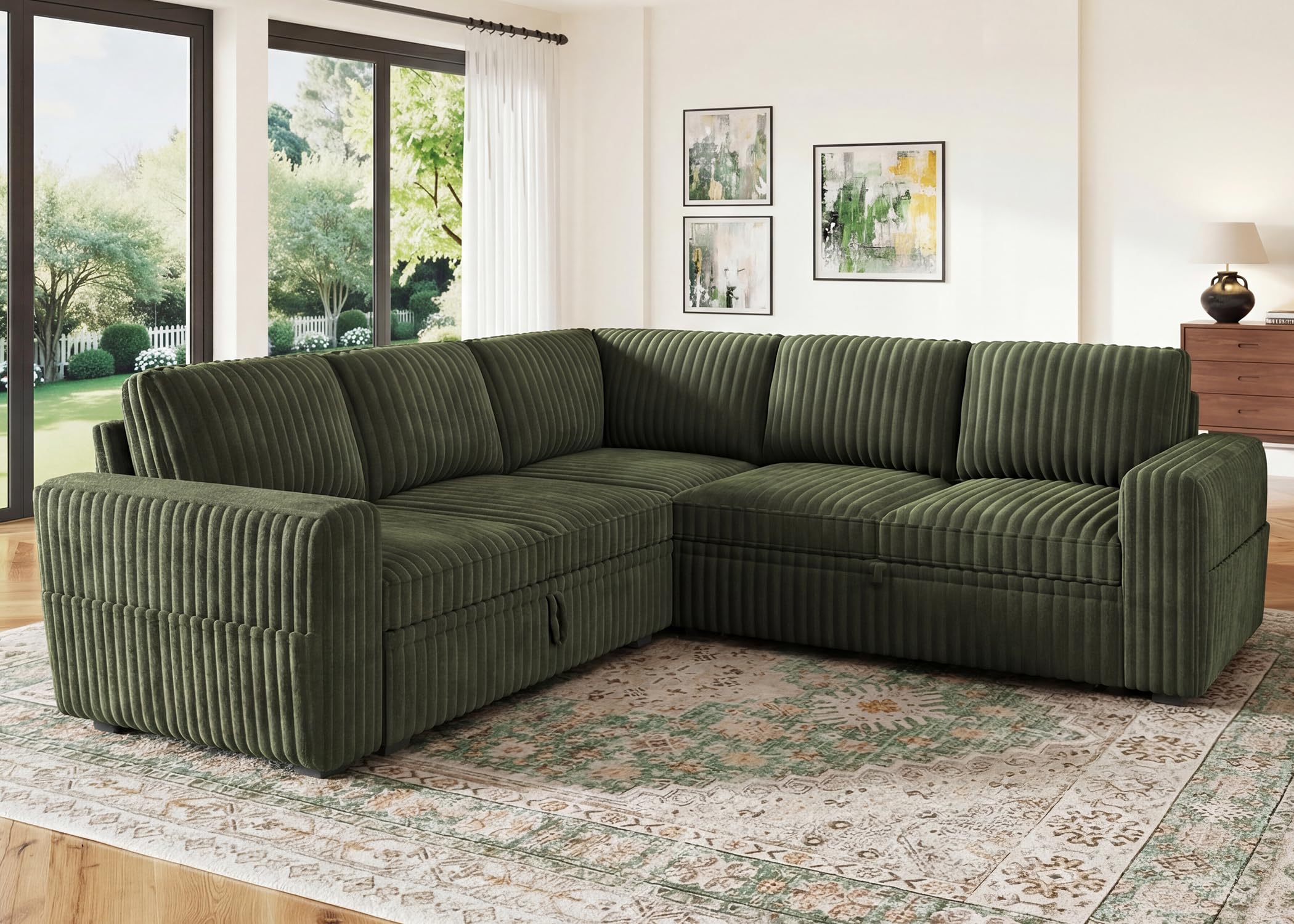 HONBAY Modular Sectional Sleeper Sofa with Pull Out Bed,Corduroy L Shaped Couch — product photo