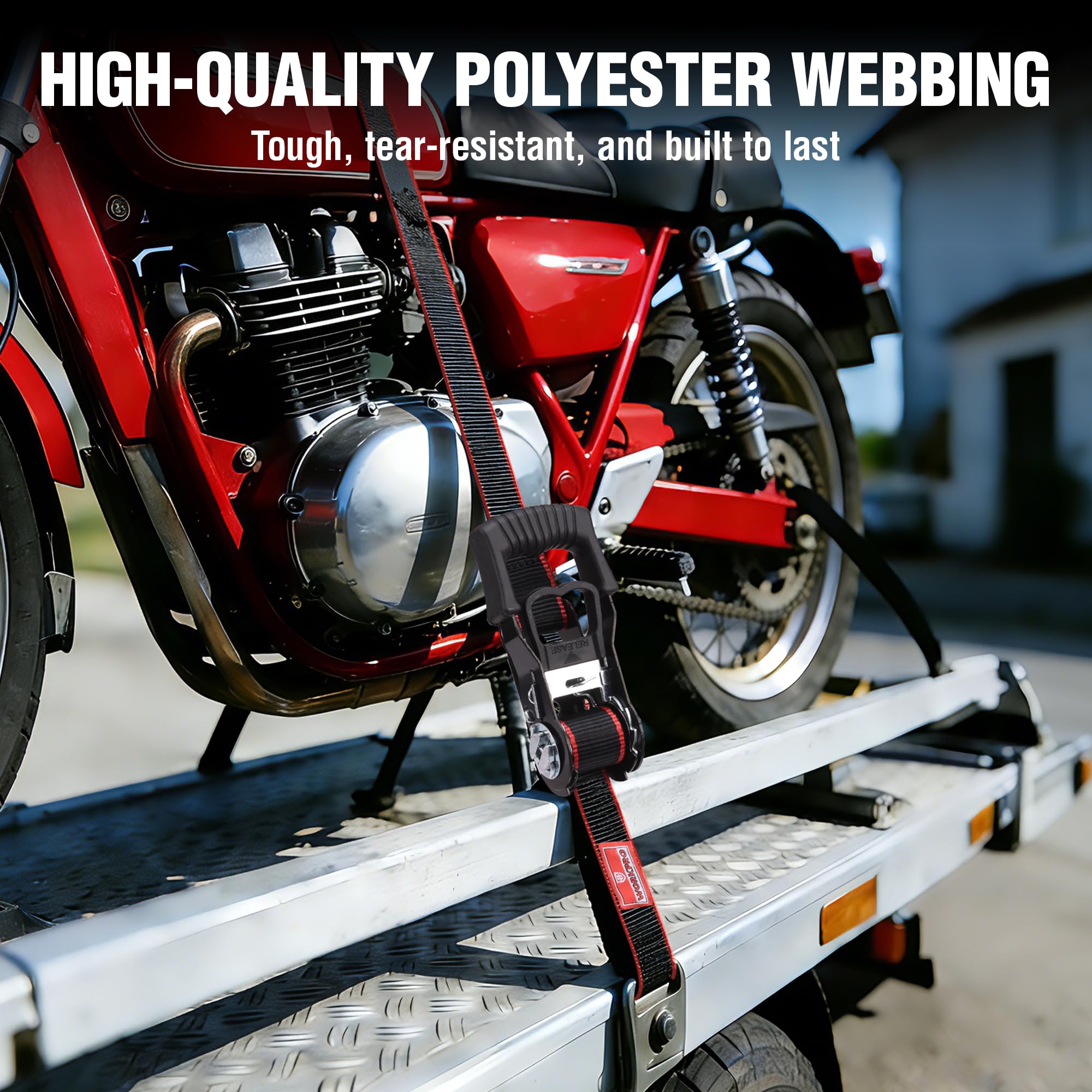 WORKPRO Spanngurte mit Ratsche, 4 Stück, 2,5 cm x 3,5 m, 680 kg Bruchfestigkeit, robuste Ratschengurte, passend für Umzugsgeräte, Motorrad, ATV, LKW (Schwarz und Rot)