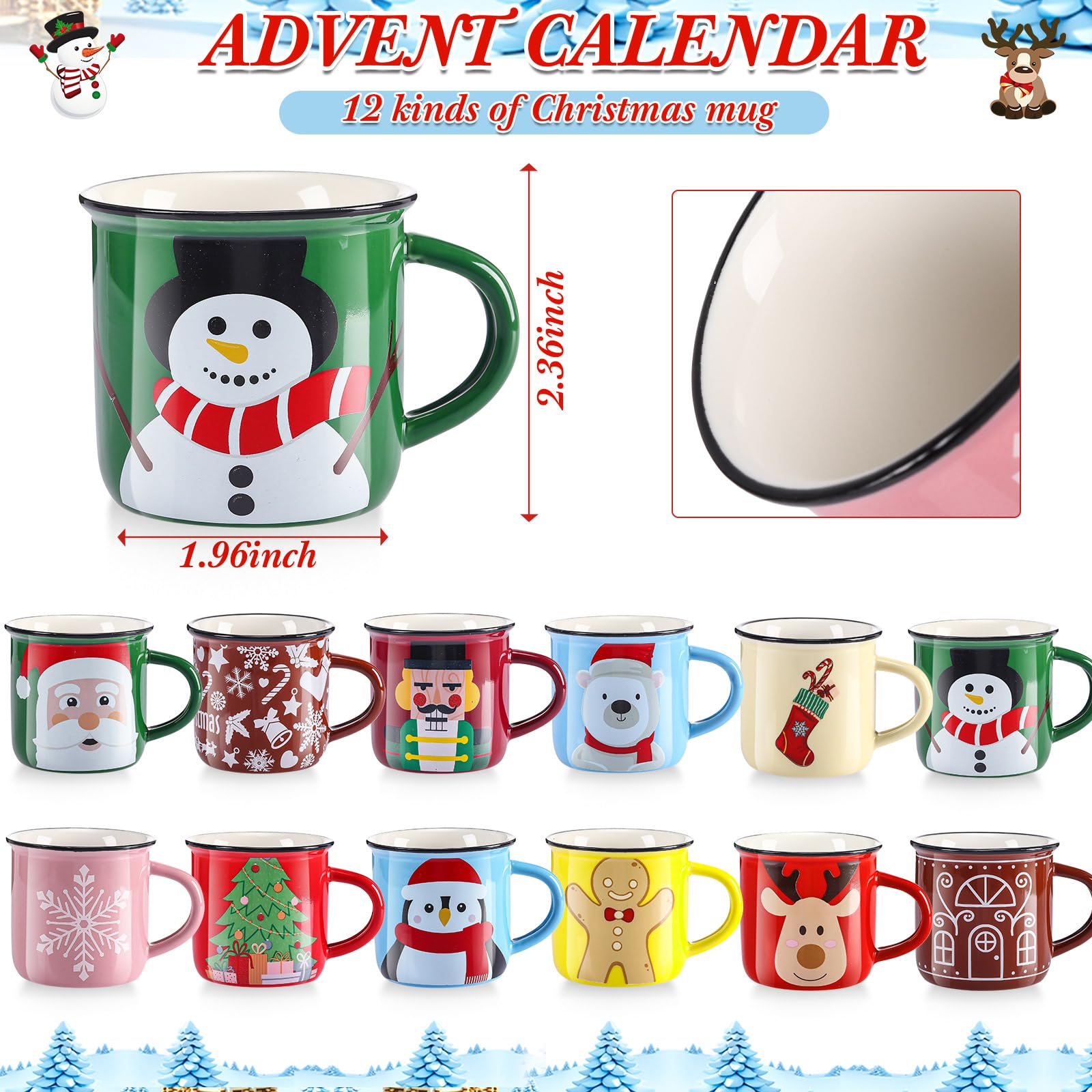 12 Days Advent Calendar Christmas Mini Coffee Mugs Set of 12, Holiday Christmas Ceramic Mugs Gifts for Mom Woman Family Kitchen Coffee Bar Decorations