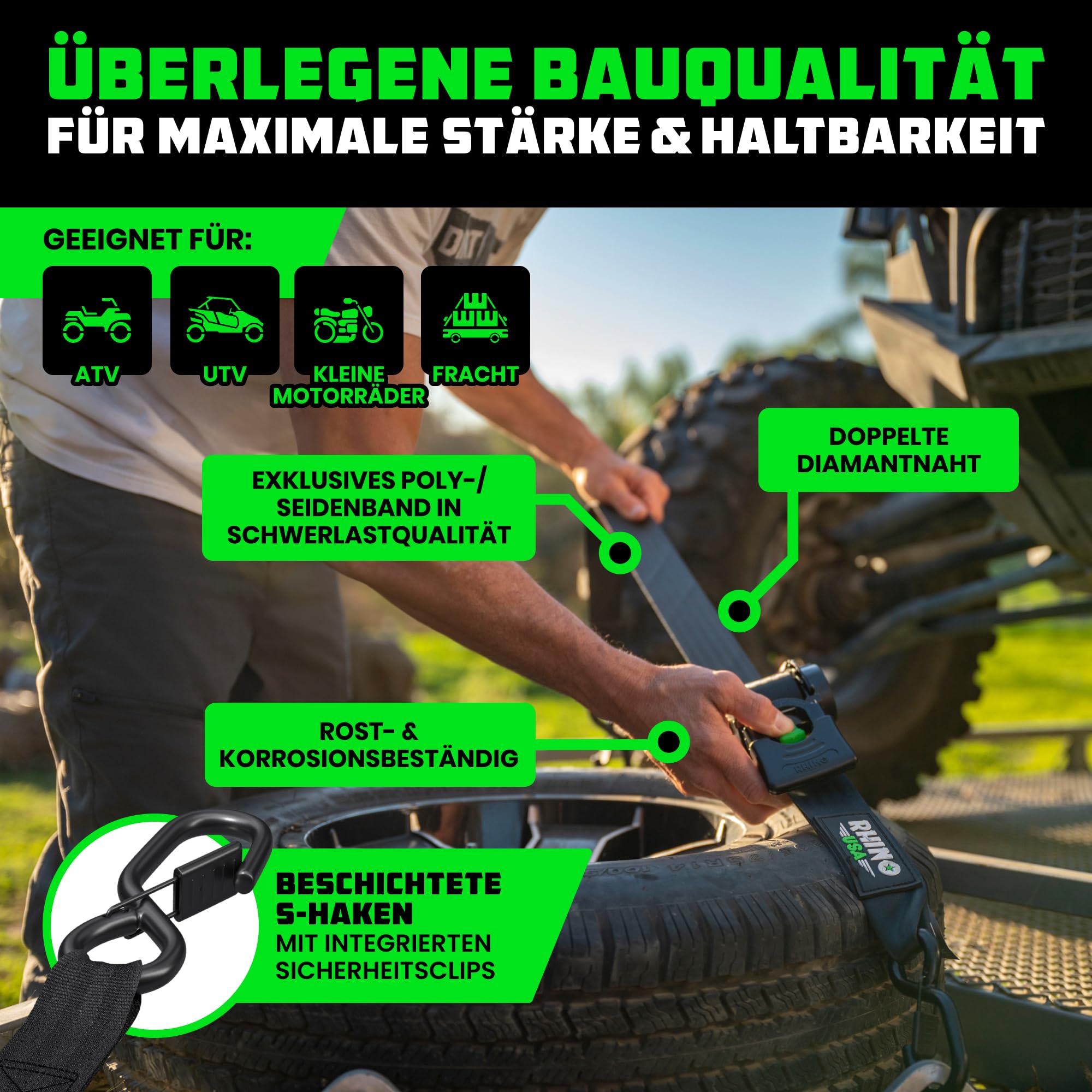 Rhino USA Selbstaufrollende Spanngurte (2er-Pack) - 5cm x 3m (1,360kg Bruchfestigkeit) - Hochleistungs-Automatik-Spanngurte für LKW, Anhänger, Motorrad, Fahrrad & Mehr - Schwarz