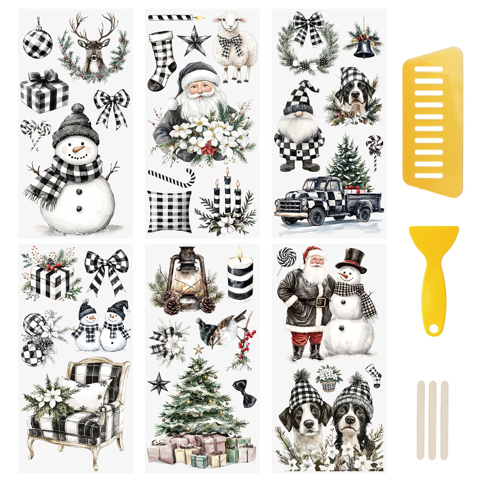 WANDIC 6PCS Christmas Black And White Pattern Rub On Transfer Stickers