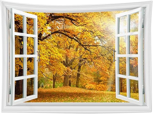 Miniatura 5 de LB Tapiz naranja otoñal para colgar en la pared, diseño de árbol del bosque de otoño, hojas amarillas, paisaje natural, tapiz de pared para