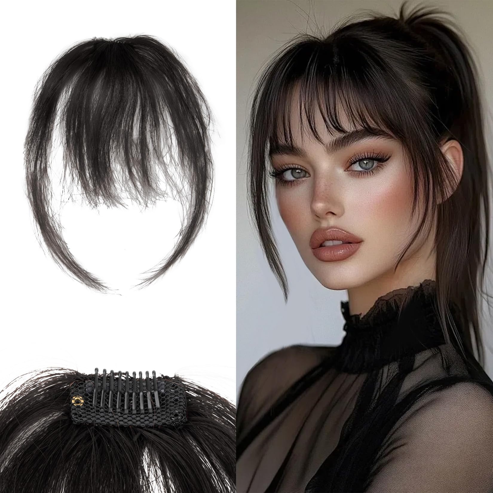 Photo 1 of CARGEN Pure Handicraft Clip on Bang for Women, Real Human Hair Wispy Clip-on Bangs with Temples Hairpieces Curved Bangs for Daily Wear, Natural Black