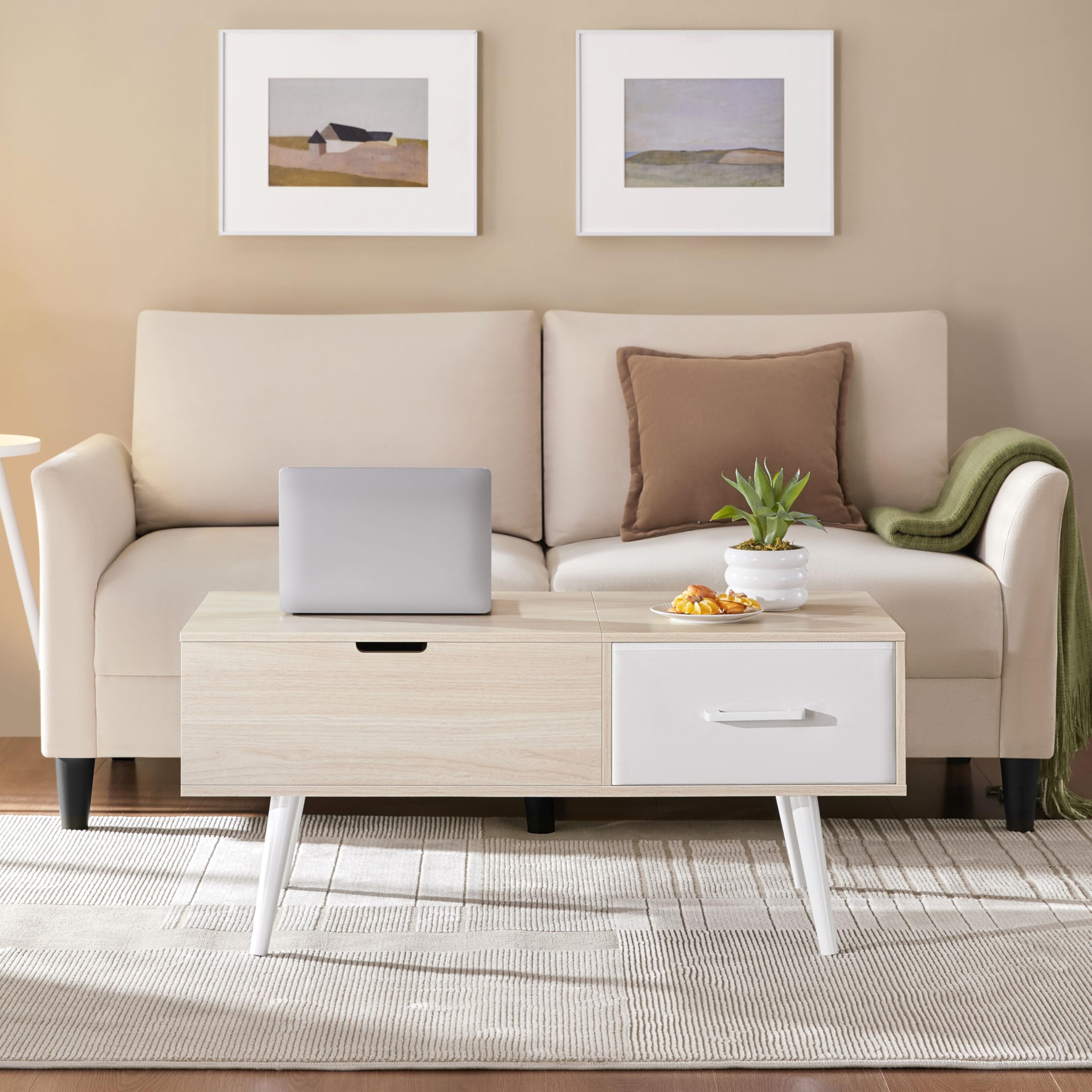 Yaheetech Mesa de Centro Elevable 100x50x45-59cm con Almacenamiento | Lateral y Oculto,Equipada de 1 Cajón y Patas de Madera para Salón y Cocina