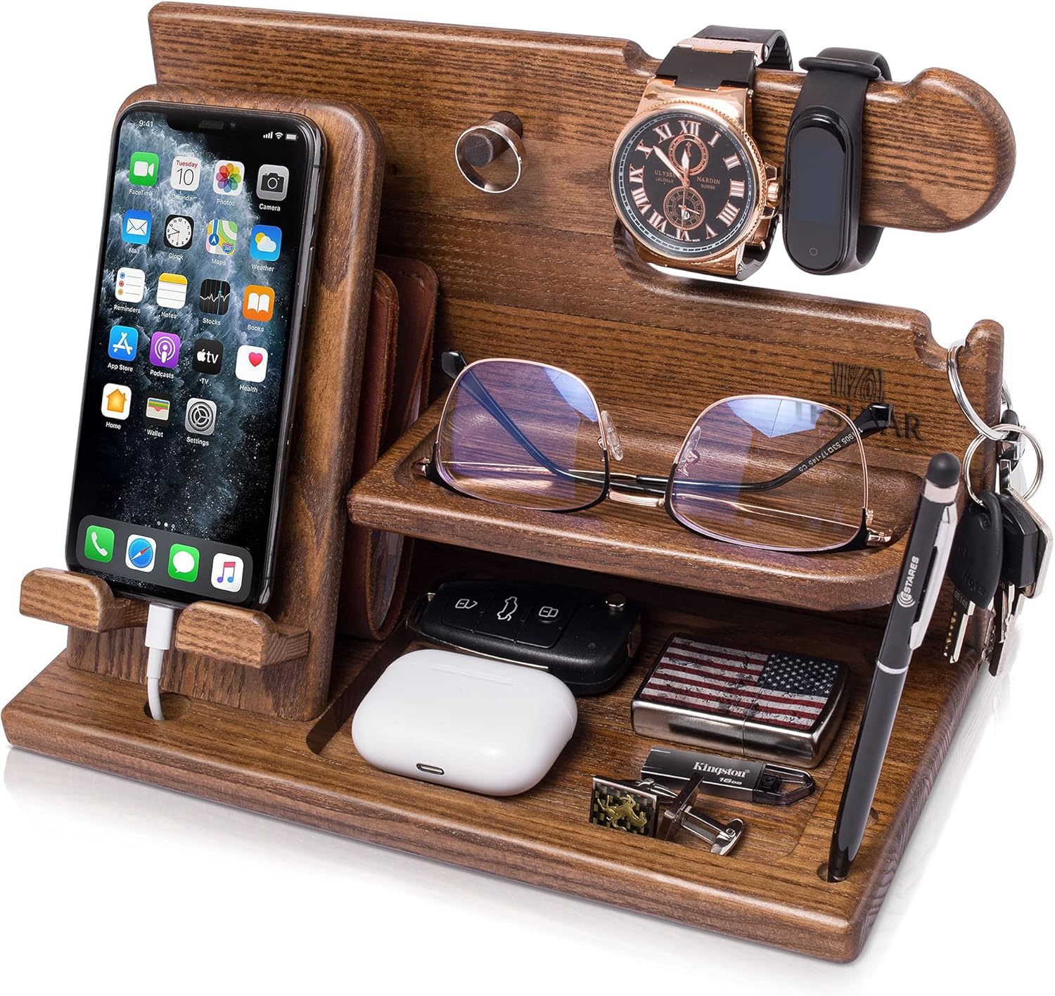 Teslyar Gifts for Men Wood Phone Docking Station Desk Organizer Fathers, Him Xmas, Anniversary, Birthday Presents Nightstand Key, Wallet Stand for Men, Boyfriend, Dad (Beige)