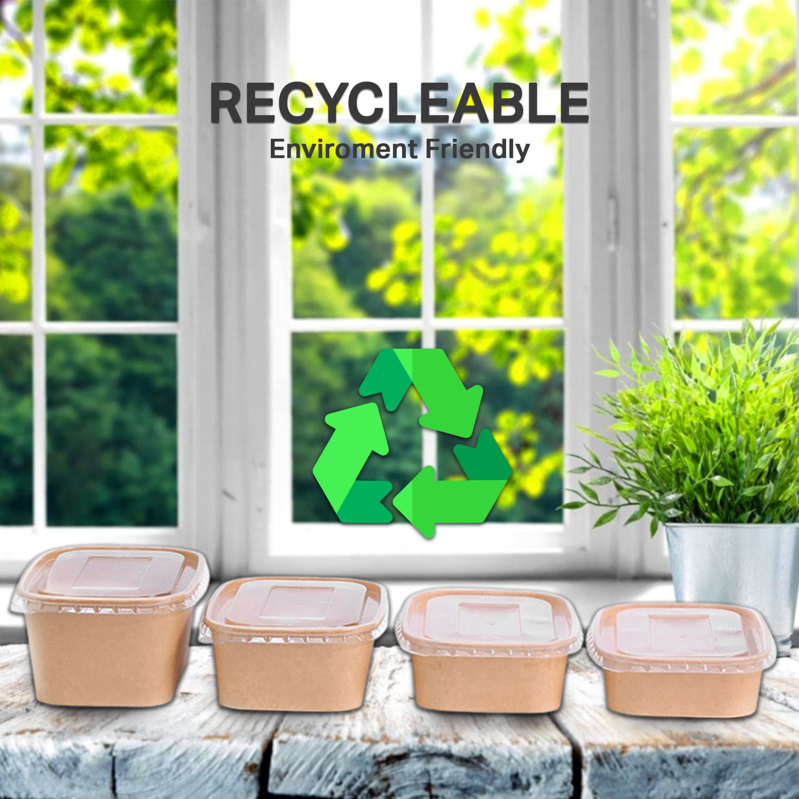 50 cuencos de papel kraft marrón para llevar con tapas, reutilizables, apilables, para almacenamiento de alimentos, sopa, ensalada, delicatessen, tapa resistente, caja reciclable de preparación de