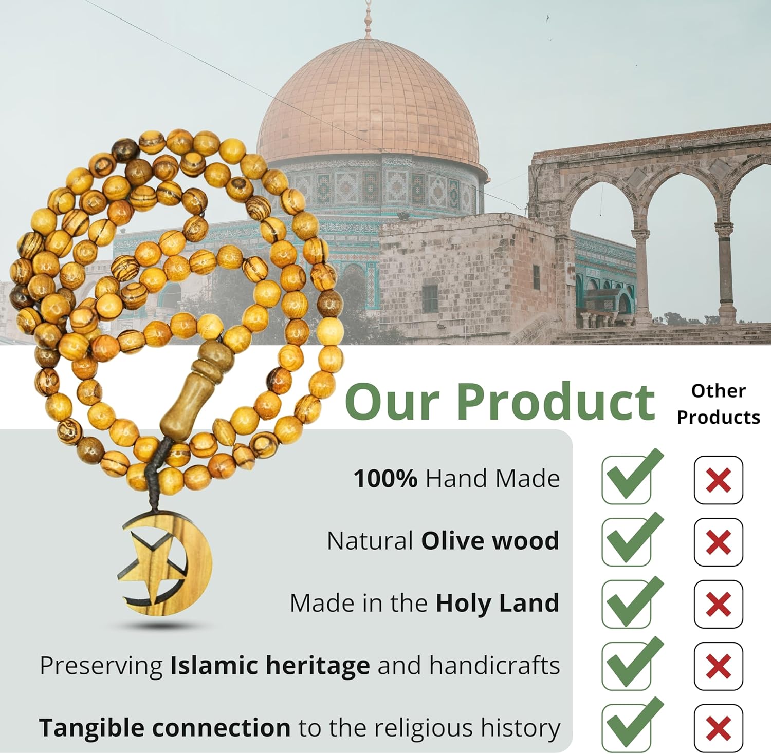 SANAD Misbaha Handmade Olive Wood from Jerusalem – 99 Beads Islamic Prayer Tasbeeh, Muslim Rosary Tasbih, Tespih, Dhikr Sibha, Quran, Islamic Muslim Gift, 8 mm - Image 4