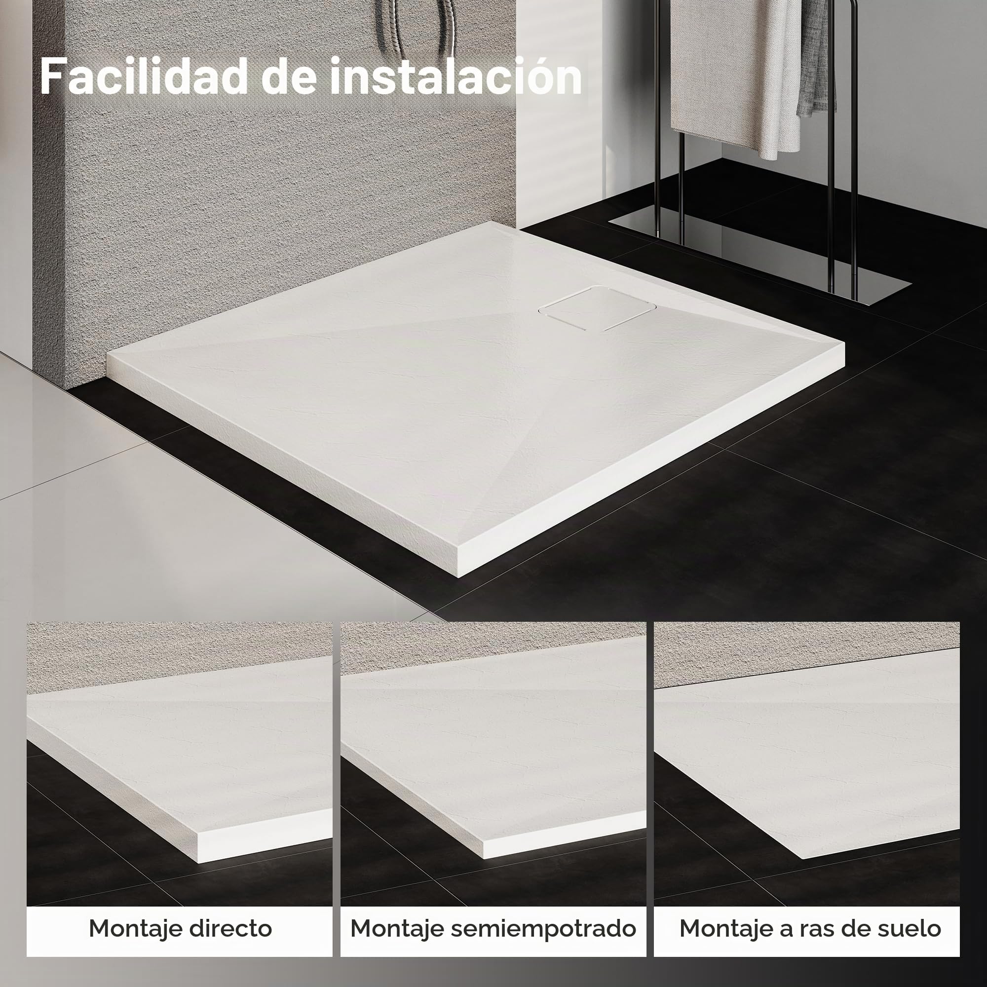 HOROW Plato de Ducha 80 x 90 cm Extraplano, Antideslizante, Acrílico Blanco con Textura de Piedra - Ducha Completa Incluye Desagüe y Tapa, 4 cm de Altura, Fabricación en Una Pieza Sin Fugas